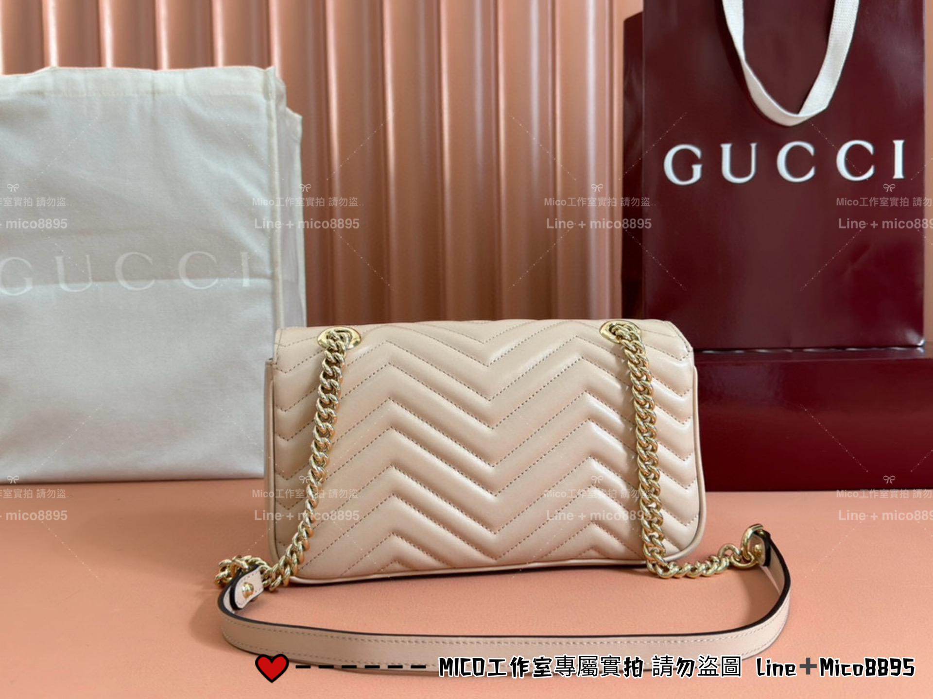 GUCCI Marmont系列 淺金釦鏈條包 淺杏色/26cm