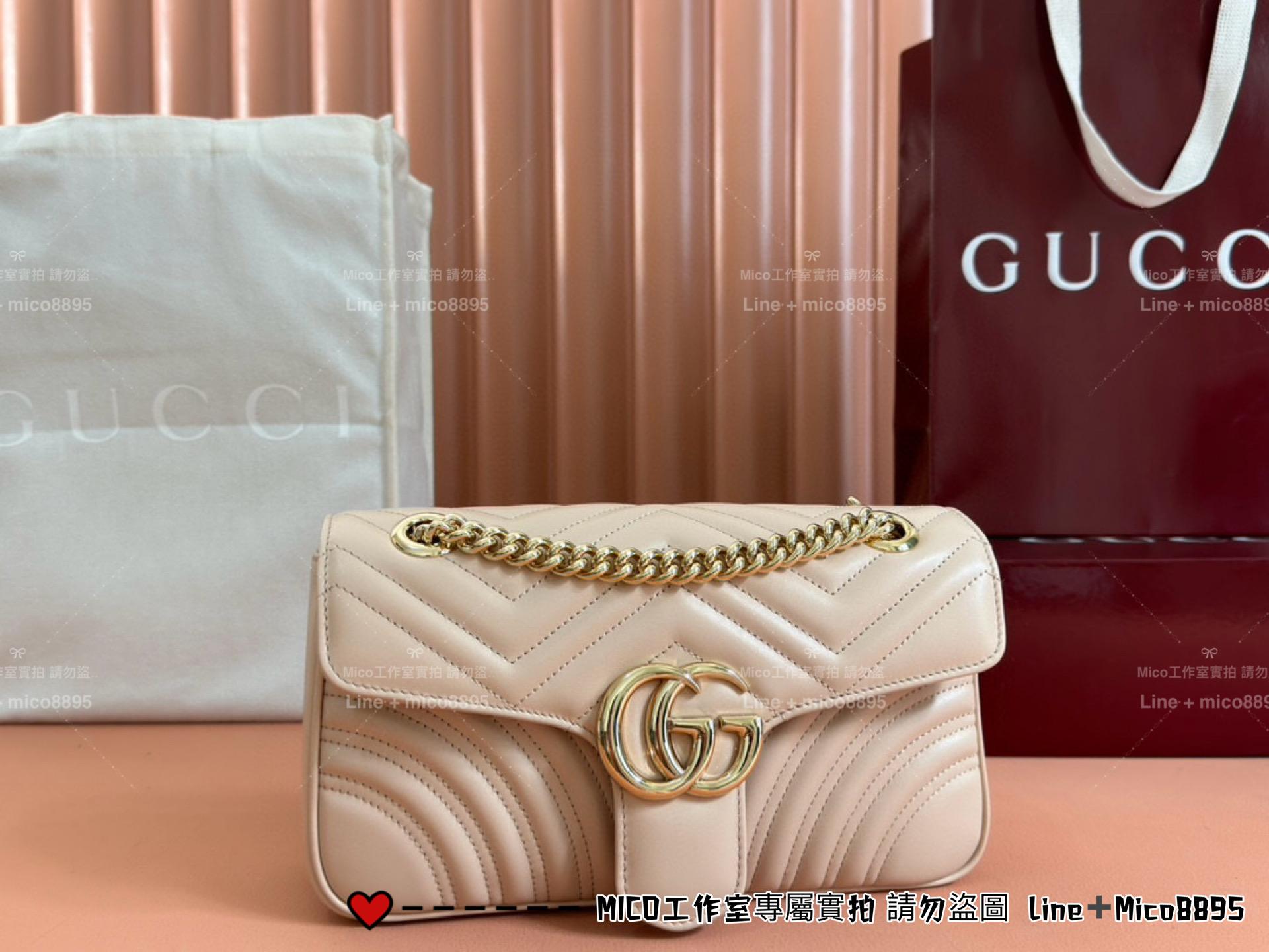 GUCCI Marmont系列 淺金釦鏈條包 淺杏色/26cm