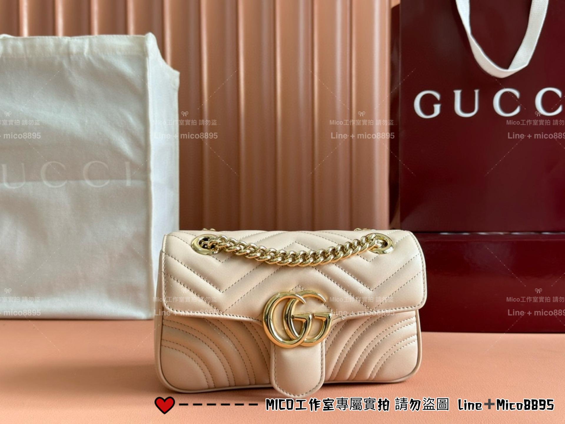 GUCCI Marmont系列 淺金釦鏈條包 淺杏色/23cm