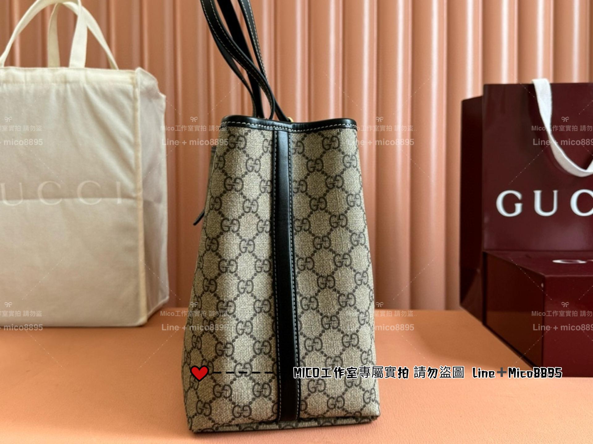 GUCCI 黑色皮革 Emblem系列 Ophidia 大號購物袋 托特包 通勤好用 尺寸:W38xH25.5x15cm