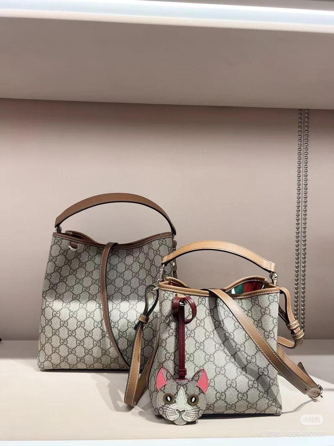 GUCCI 黑色/棕色 Emblem系列 Ophidia水桶包 抽繩包 25cm