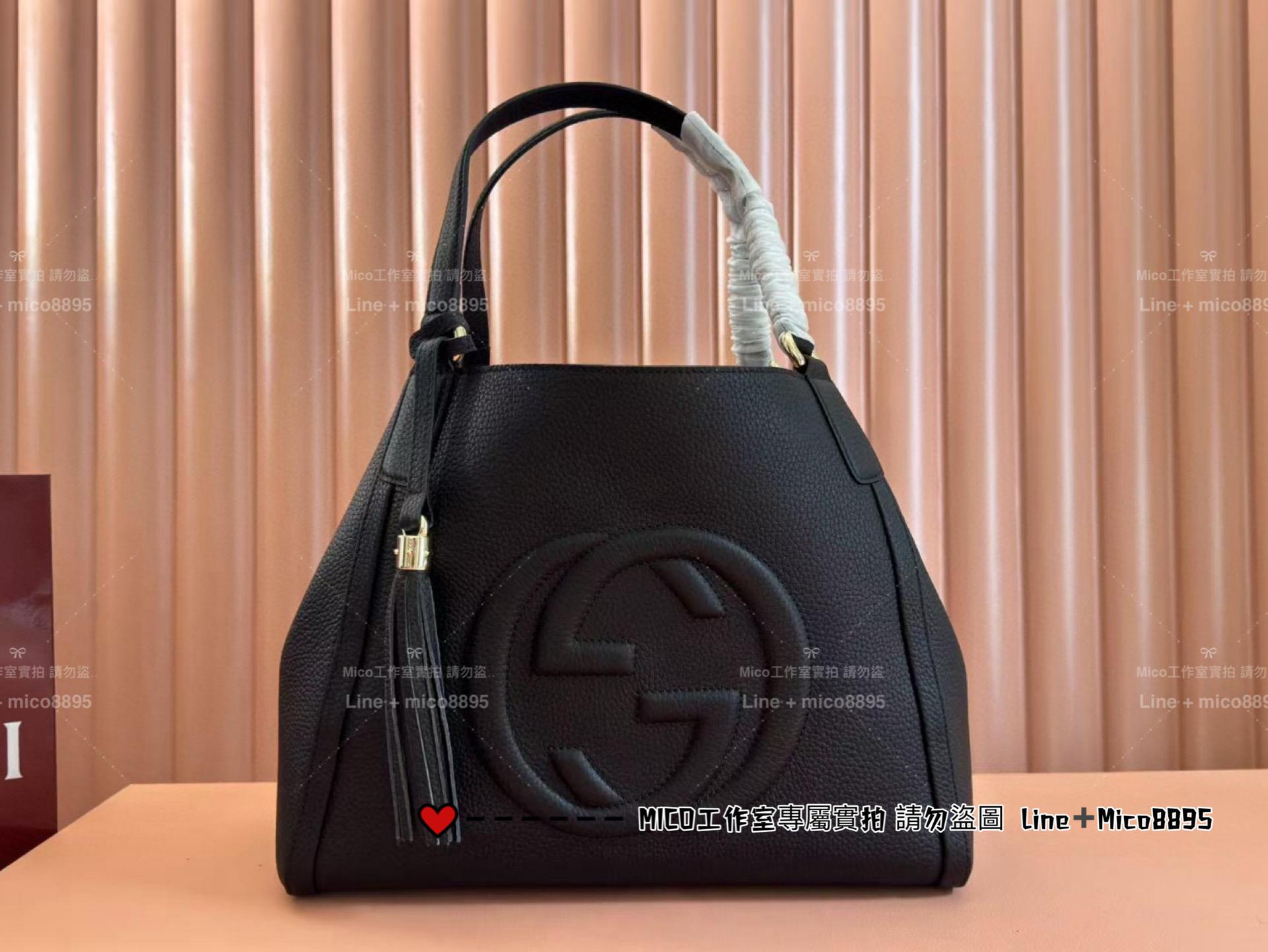 GUCCI soho系列 雙G互扣浮雕托特包 黑色摔紋牛皮/真皮 尺寸：35x29x17cm