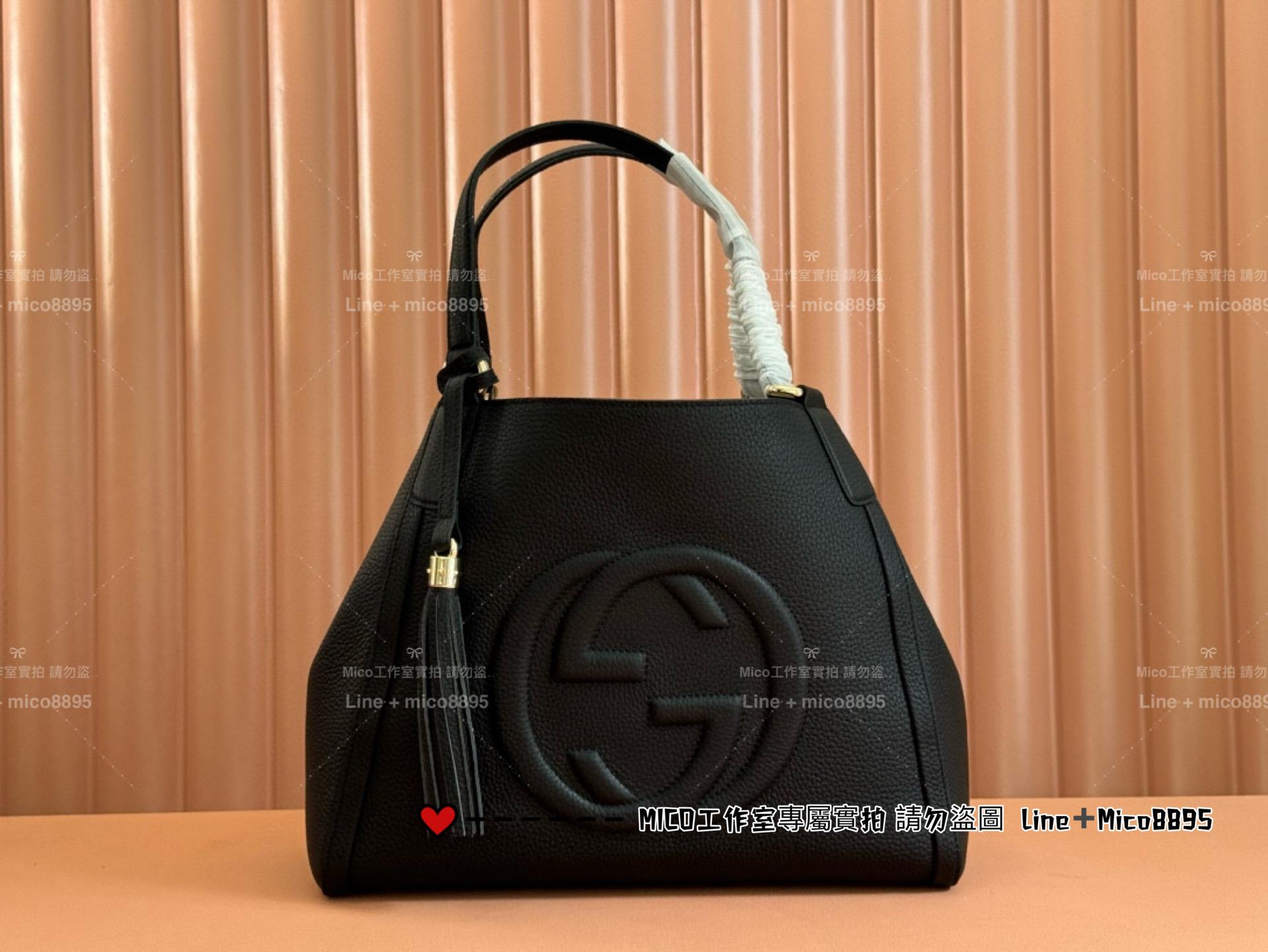 GUCCI soho系列 小號 中古款 雙G互扣浮雕托特包 黑色摔紋牛皮/真皮 23cm