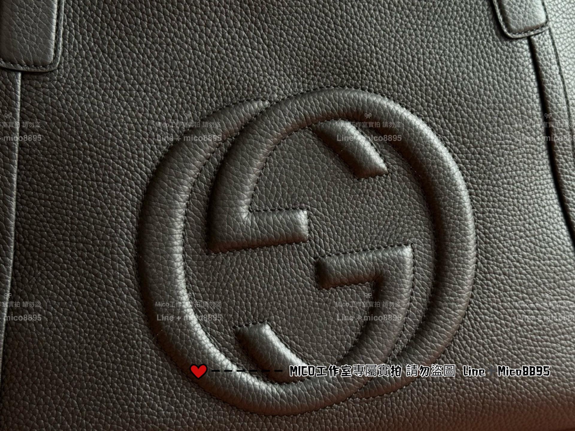 GUCCI soho系列 小號 中古款 雙G互扣浮雕托特包 黑色摔紋牛皮/真皮 23cm