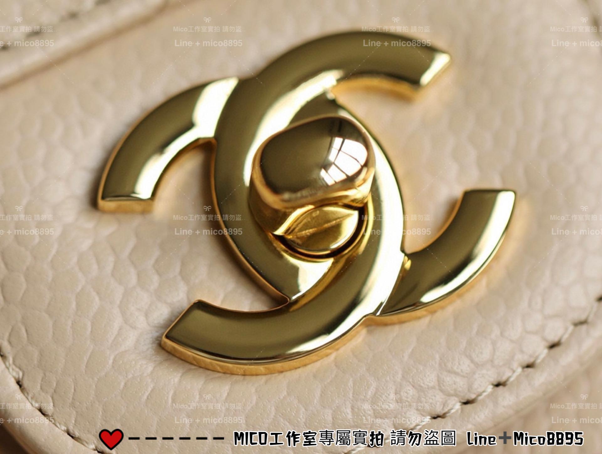 CHANEL 小號 Small 杏色荔枝牛皮/金釦/銀釦 Clssic Flap CF 經典口蓋包 23cm