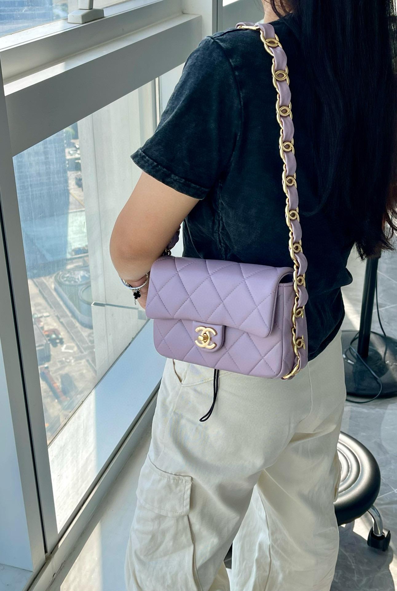 Chanel 24K 小羊皮材質 雙C拼接 粗鏈條腋下包 大Mini CF 20cm