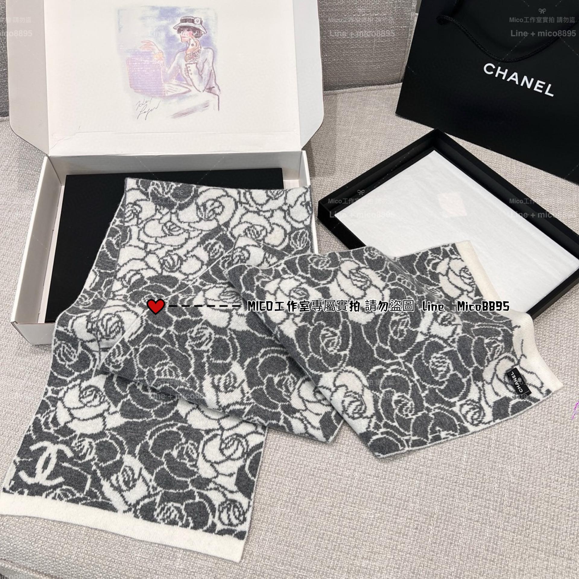 高訂版｜CHANEL 23K 灰色 全山羊絨 滿版山茶花圍巾/披肩