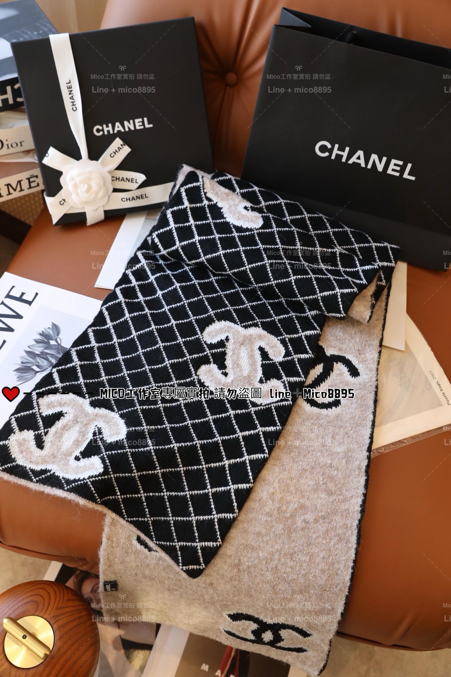 性價比版本  CHANEL 黑色雙面拼色 菱格雙C羊毛圍巾 35✖️180cm