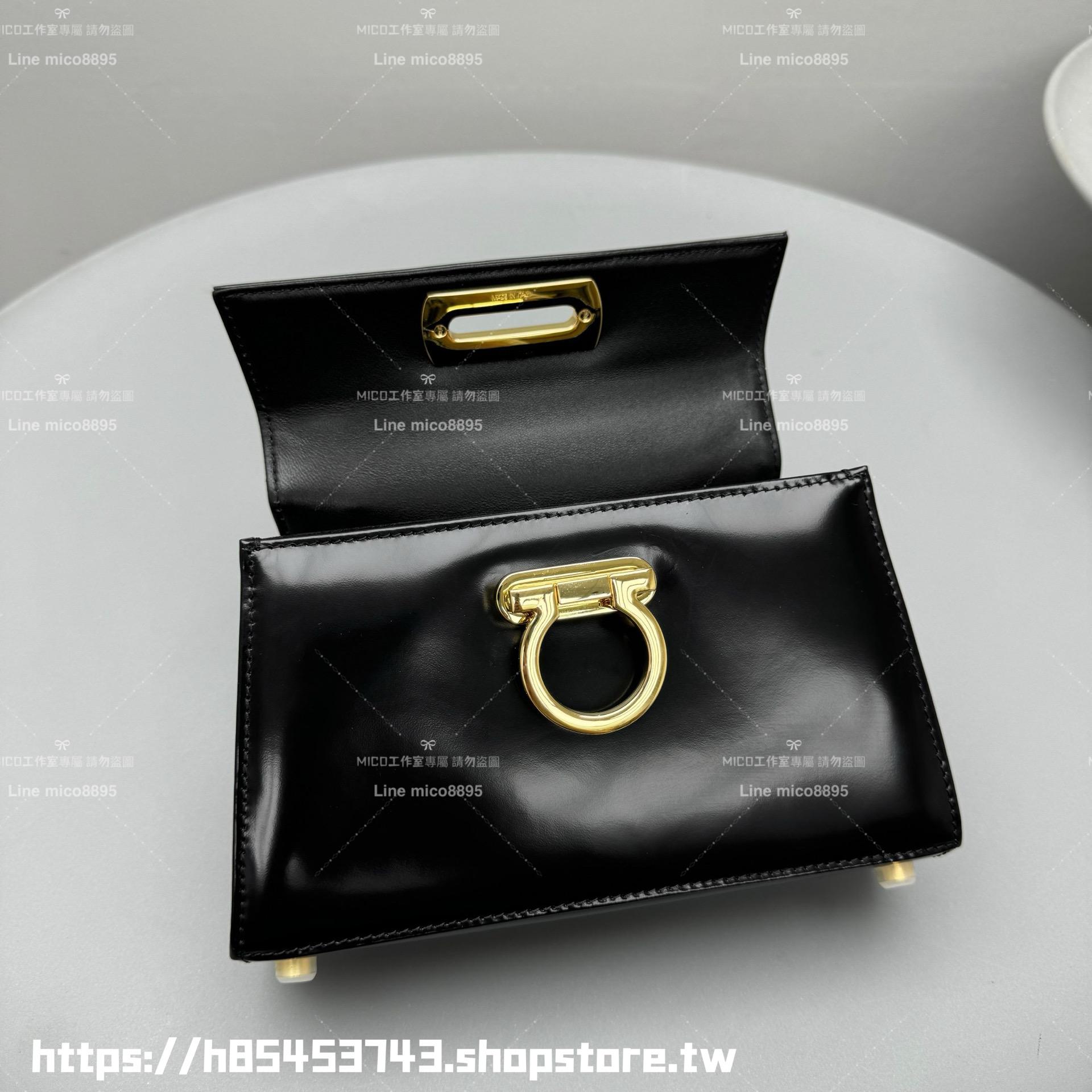 Ferragamo 博物館系列 黑色 開邊珠牛皮 TOPHANDLE 手提斜挎手袋 21cm