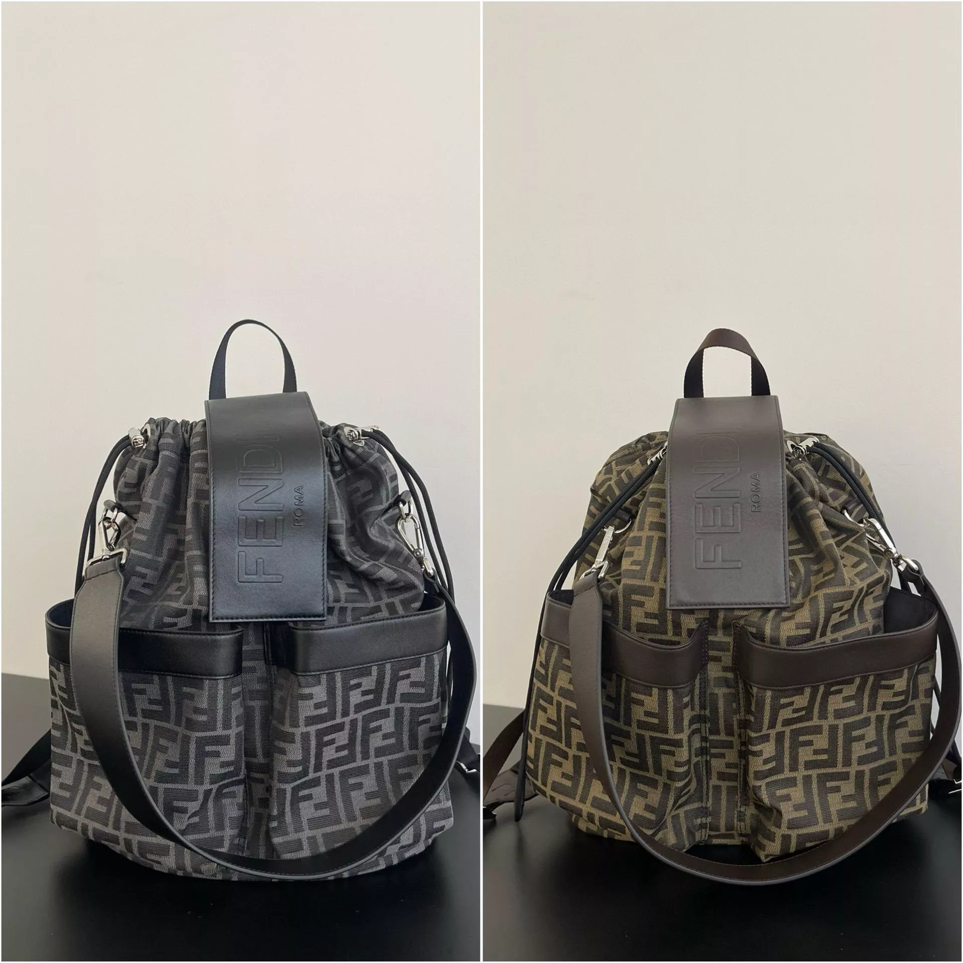 FENDI 芬迪 男女同款 小號 經典老花多功能抽繩雙肩包 後背包 黑色/咖色 30*16cm