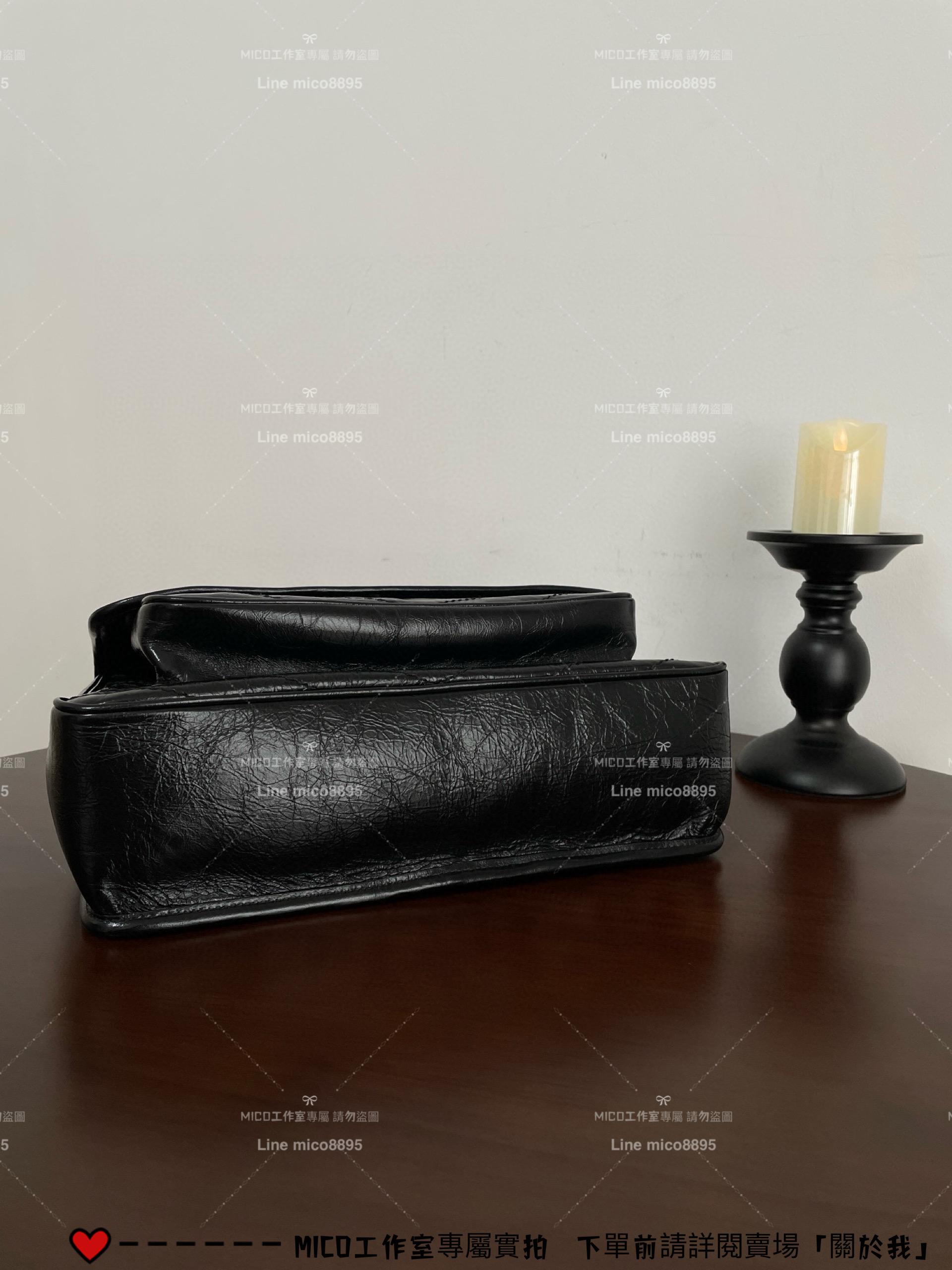 YSL Saint Laurent 聖羅蘭 經典款 黑色油蠟皮/銀鏈 大號Niki購物包/肩背包 32cm