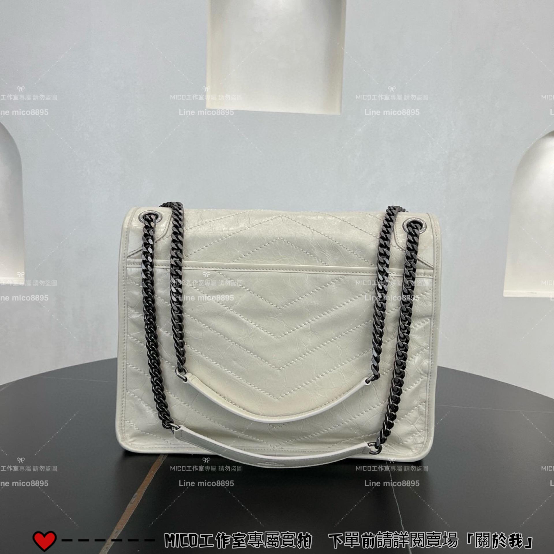 YSL Saint Laurent 聖羅蘭 經典款 復古白色油蠟皮/銀鏈 大號Niki購物包/肩背包 32cm