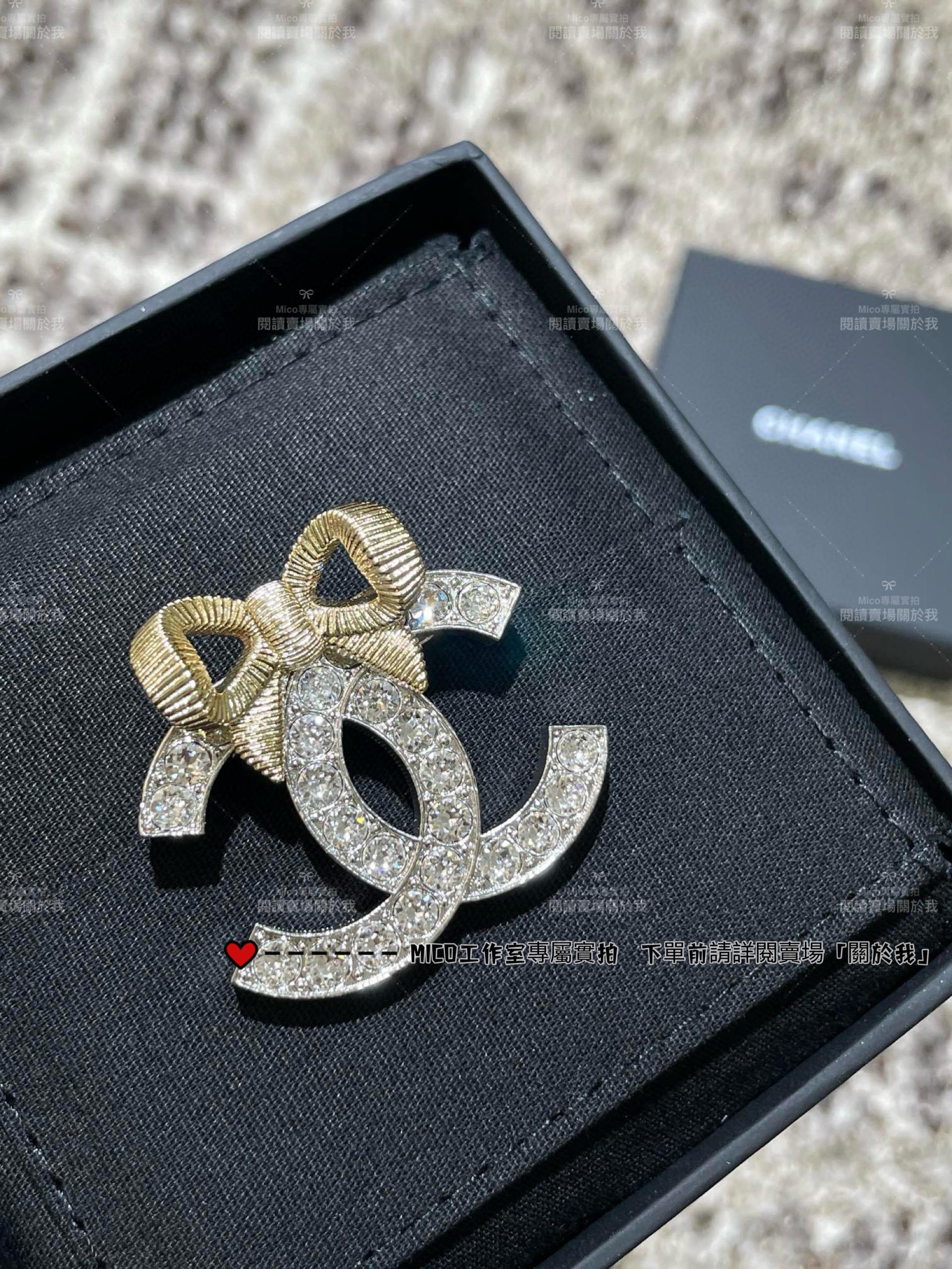 Chanel 24k蝴蝶結系列 立體蝴蝶結雙C水鑽胸針
