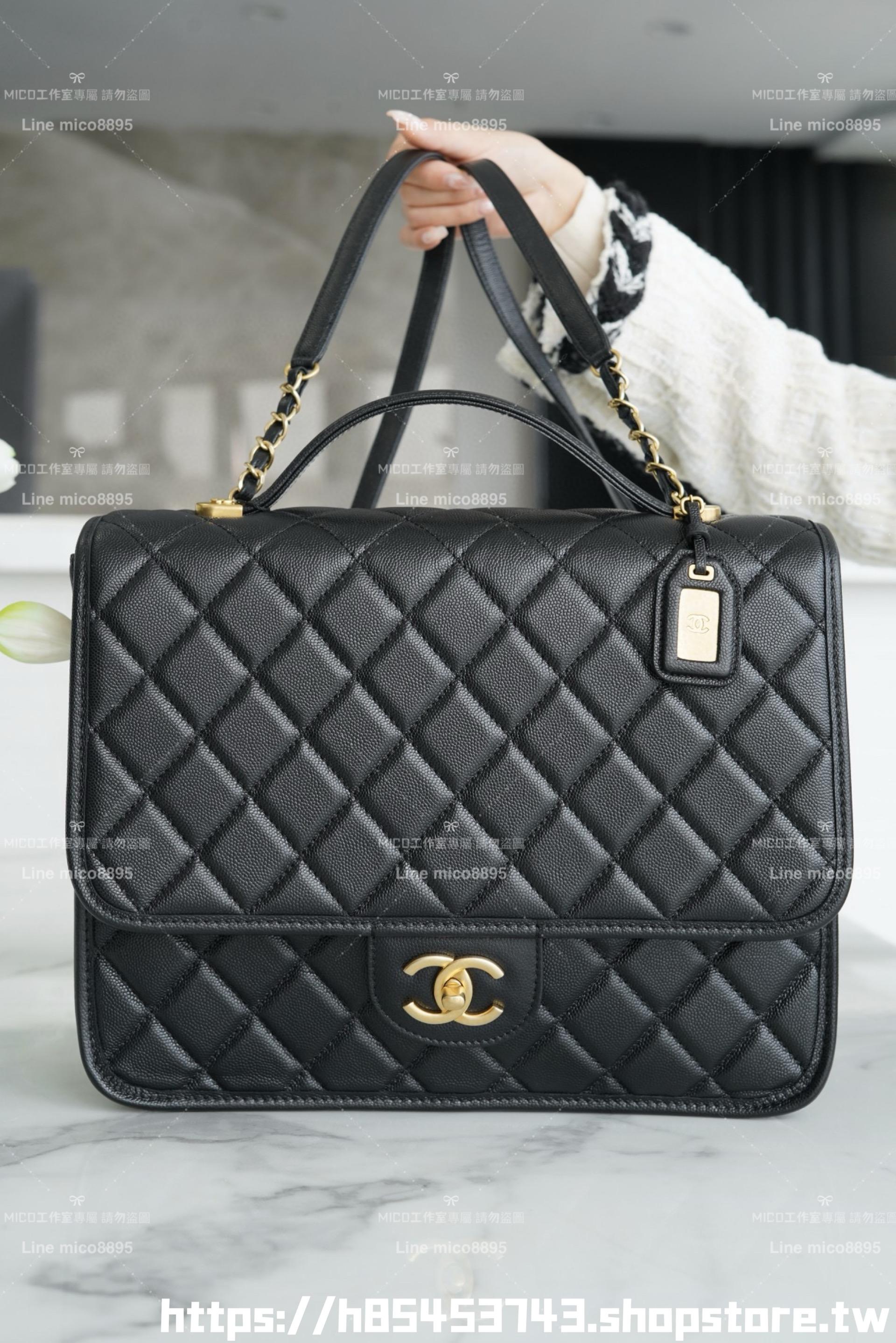 CHANEL 22K 手工坊系列 復古學院風 魚子醬牛皮復古菱格雙肩包/後背包/書包 31cm
