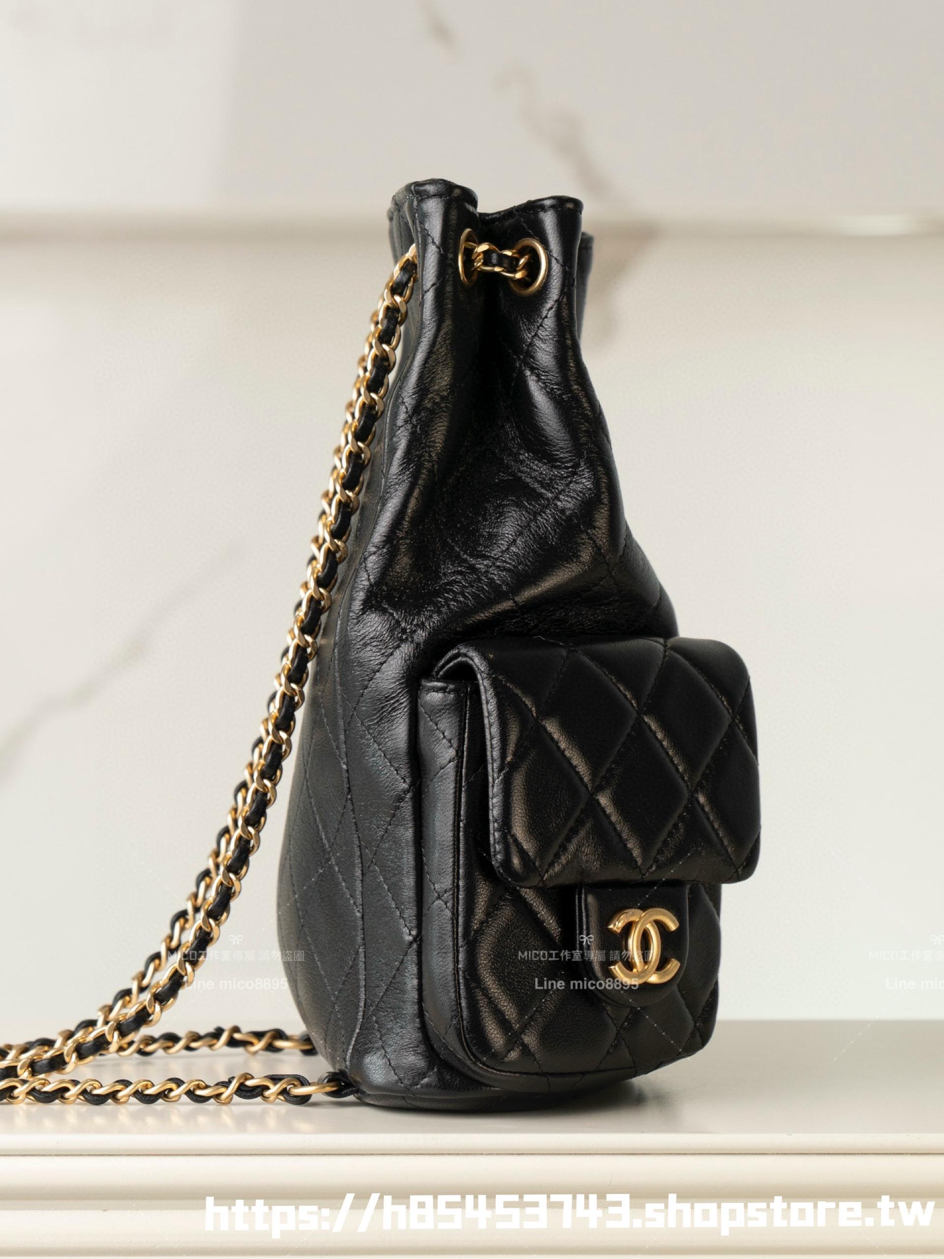 CHANEL 小香 25c 早春款 黑色小羊皮復古抽繩雙肩包 24.5cm