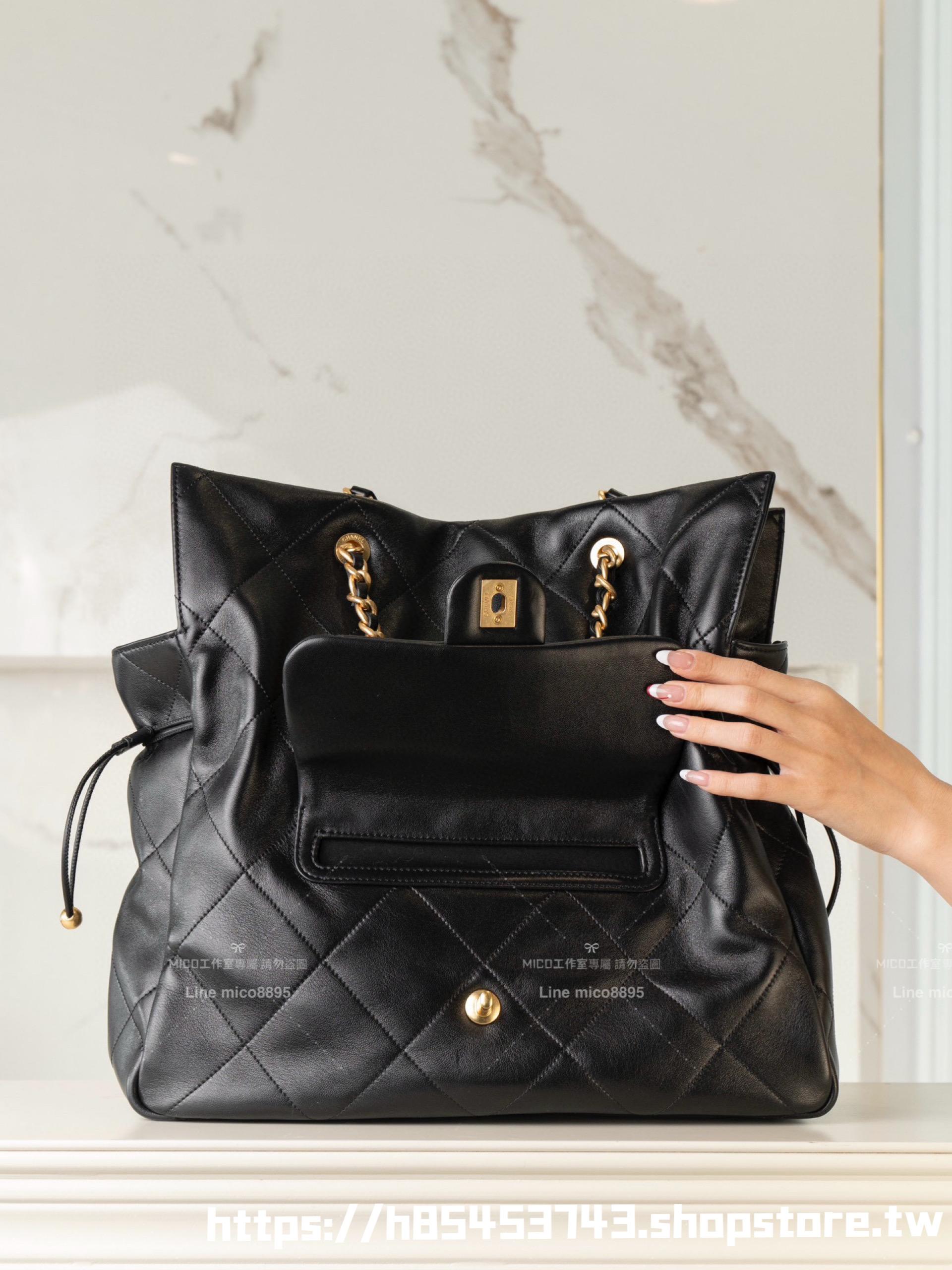 CHANEL 25c早春款 小羊皮材質 黑色縮口購物袋/福袋包 36*34cm