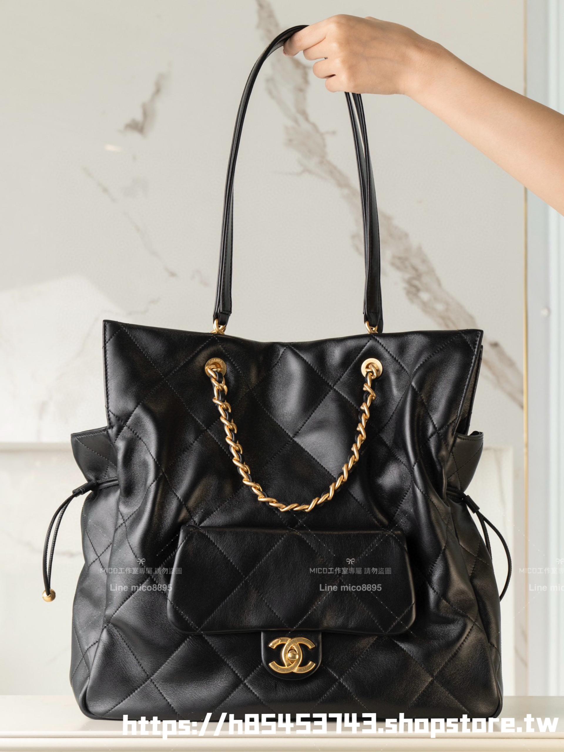 CHANEL 25c早春款 小羊皮材質 黑色縮口購物袋/福袋包 36*34cm