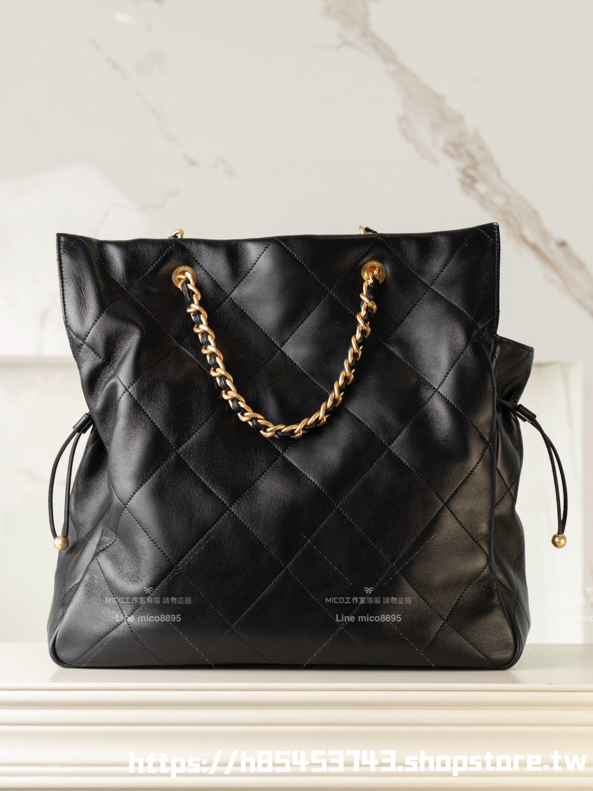 CHANEL 25c早春款 小羊皮材質 黑色縮口購物袋/福袋包 36*34cm