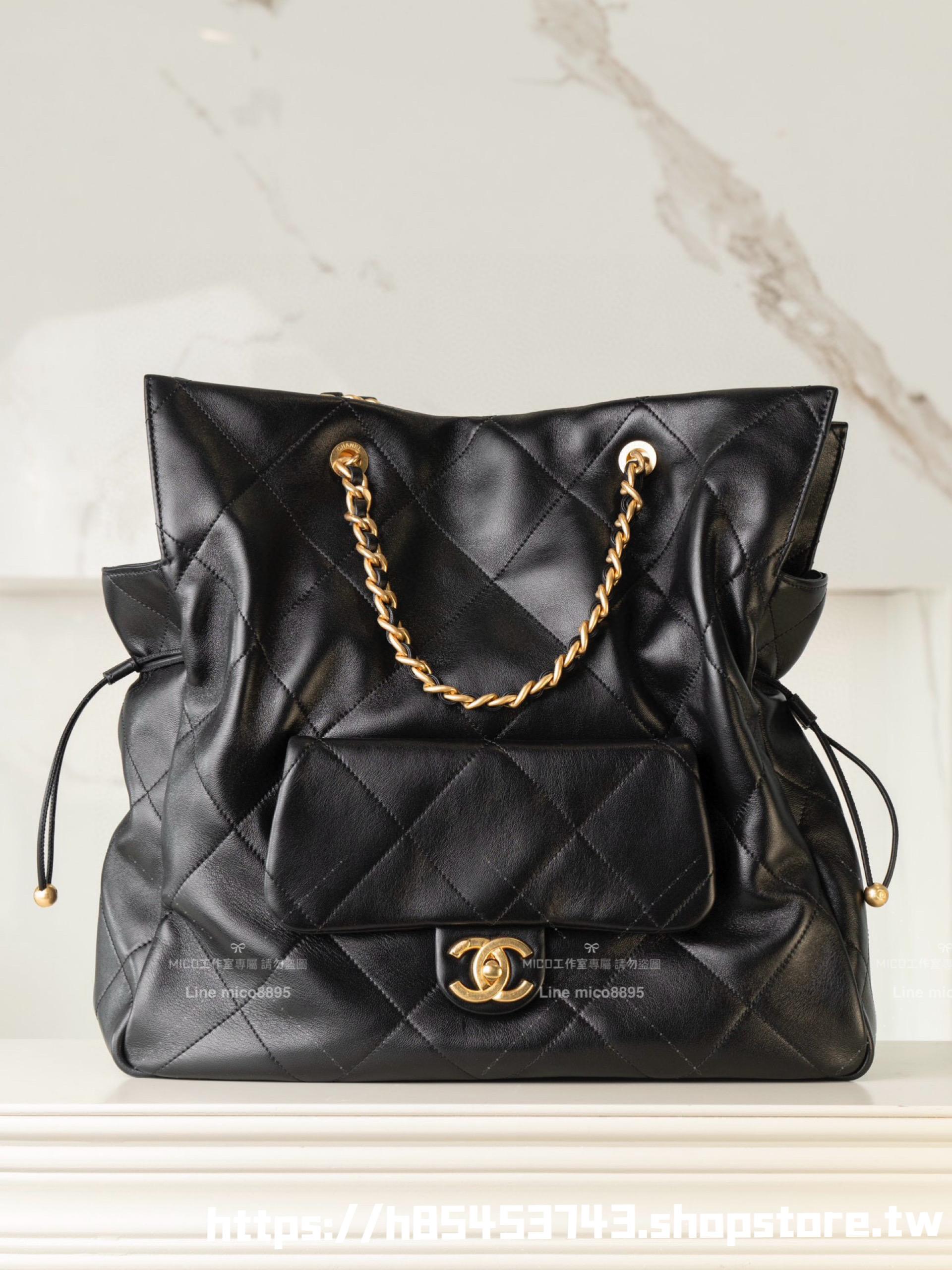CHANEL 25c早春款 小羊皮材質 黑色縮口購物袋/福袋包 36*34cm