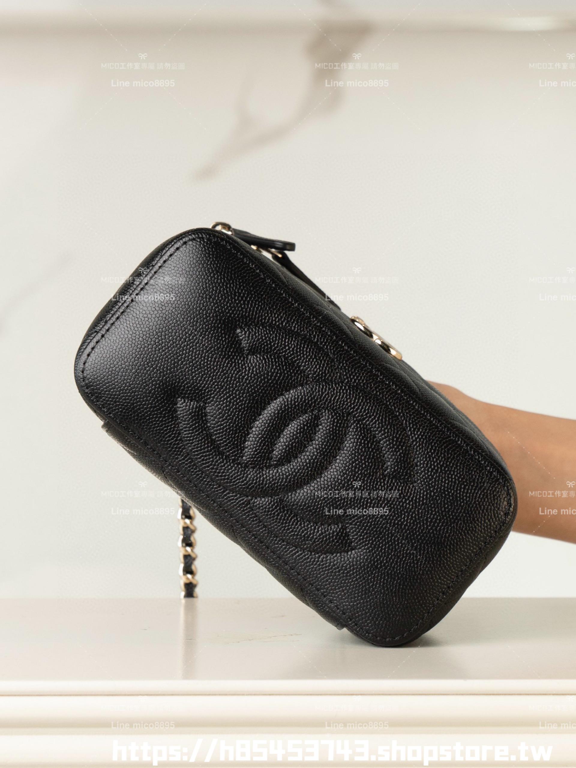 CHANEL 小香 25c 黑色荔枝牛皮革/淡金釦 手柄鏈條盒子包/化妝包 17cm