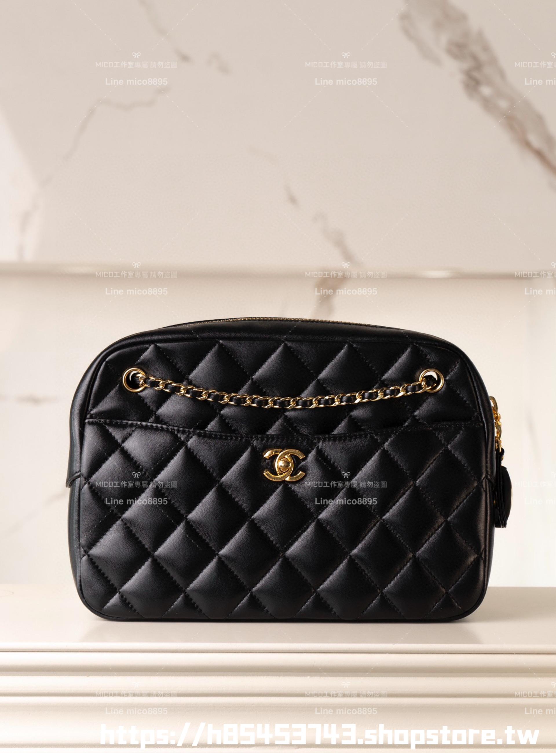 CHANEL 24k秋冬款 大號/24cm 金幣復古相機包/鏈條肩背包  黑色菱格小羊皮