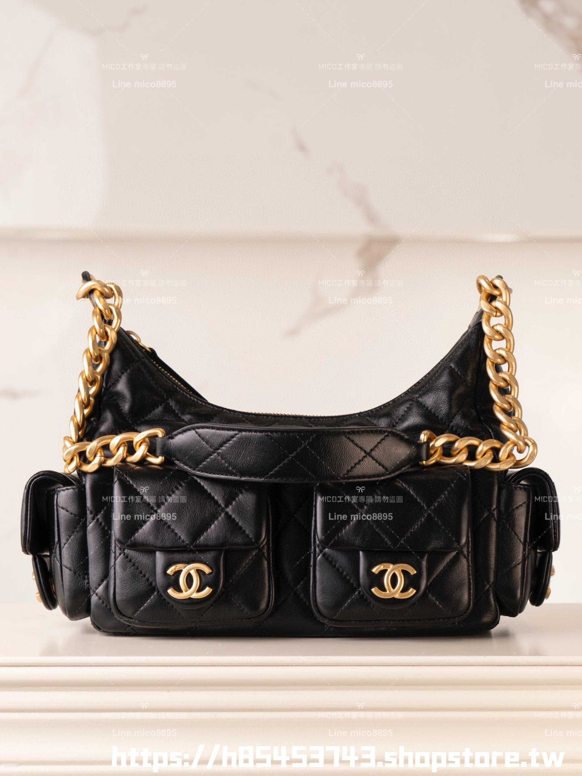 CHANEL 25c早春款 小羊皮材質 小號/底長31cm 黑色復古雙口袋嬉皮包/肩背包