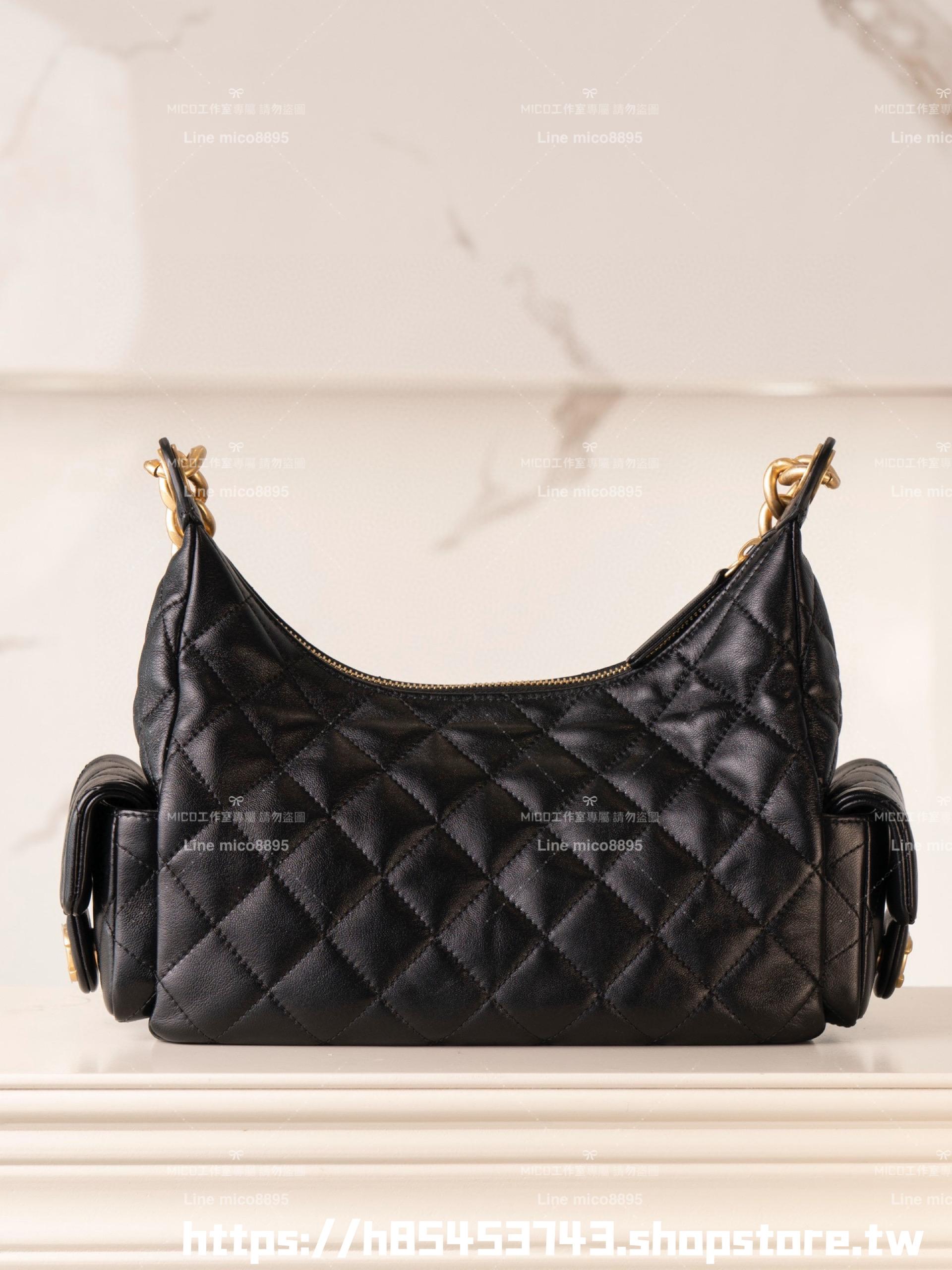CHANEL 25c早春款 小羊皮材質 小號/底長31cm 黑色復古雙口袋嬉皮包/肩背包