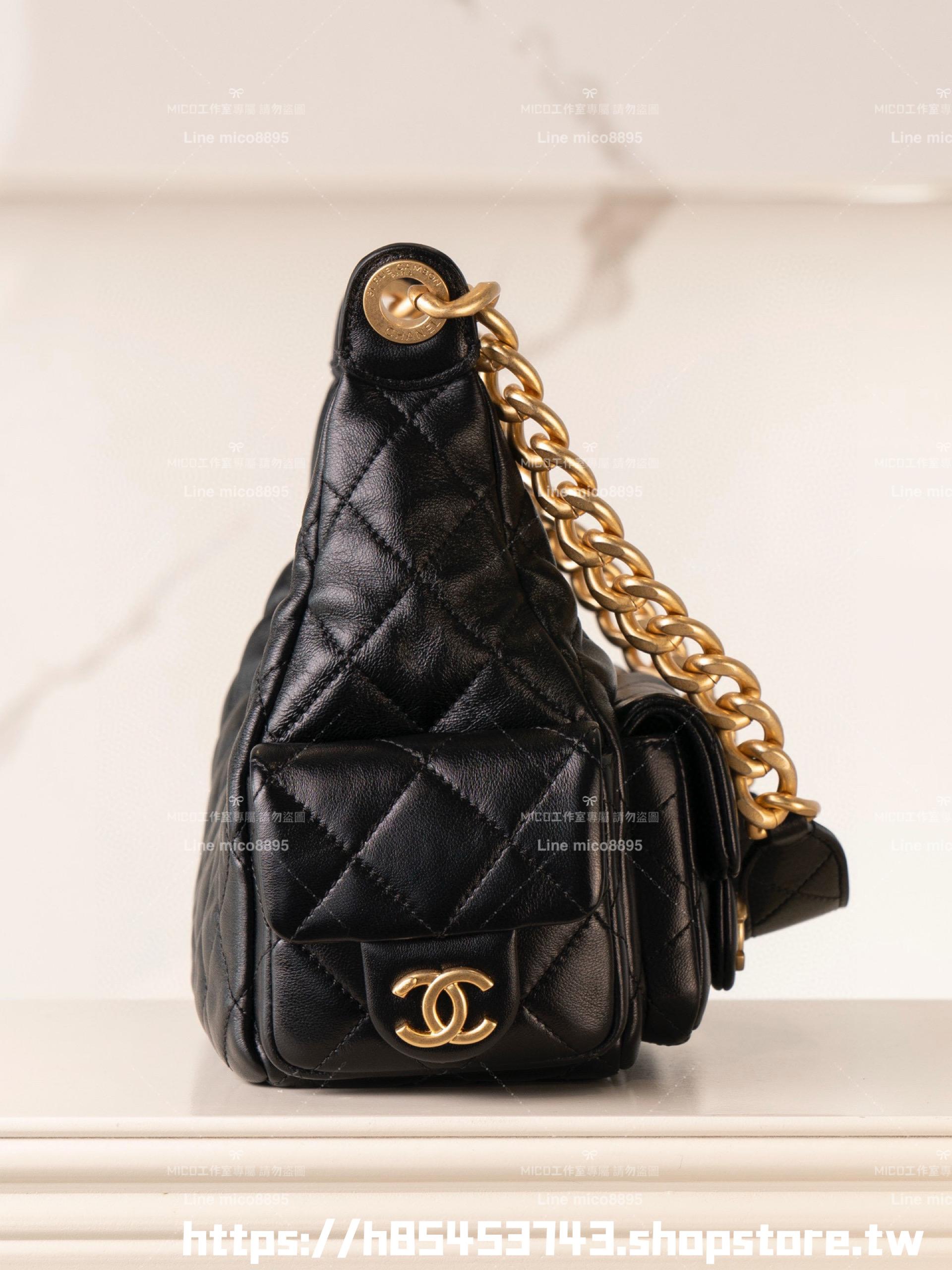 CHANEL 25c早春款 小羊皮材質 小號/底長31cm 黑色復古雙口袋嬉皮包/肩背包