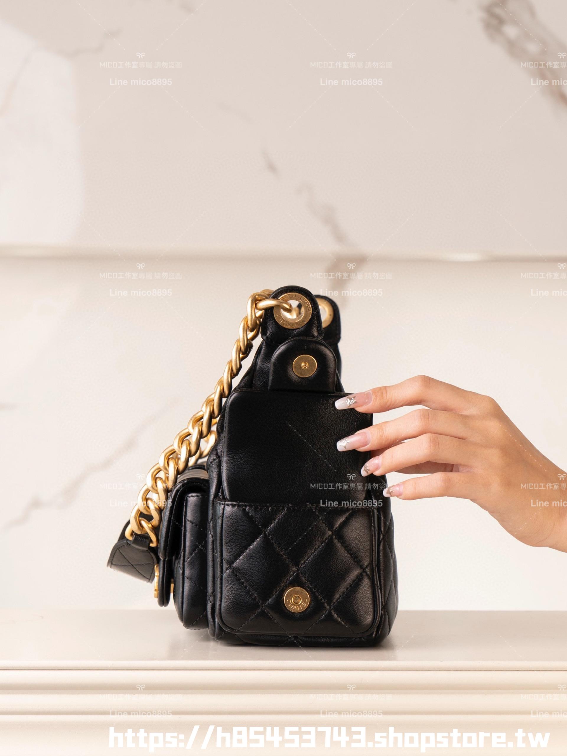 CHANEL 25c早春款 小羊皮材質 小號/底長31cm 黑色復古雙口袋嬉皮包/肩背包
