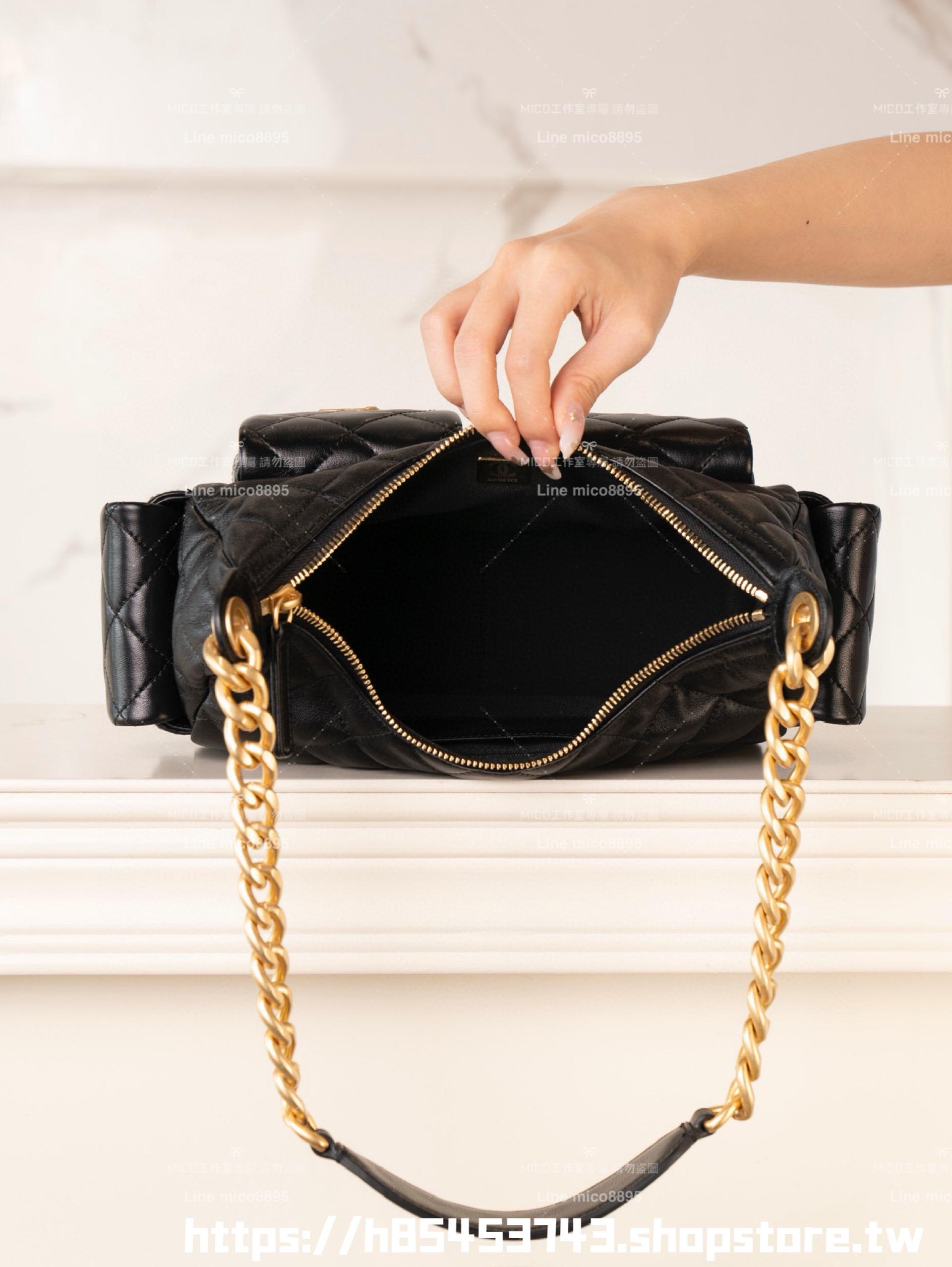 CHANEL 25c早春款 小羊皮材質 小號/底長31cm 黑色復古雙口袋嬉皮包/肩背包