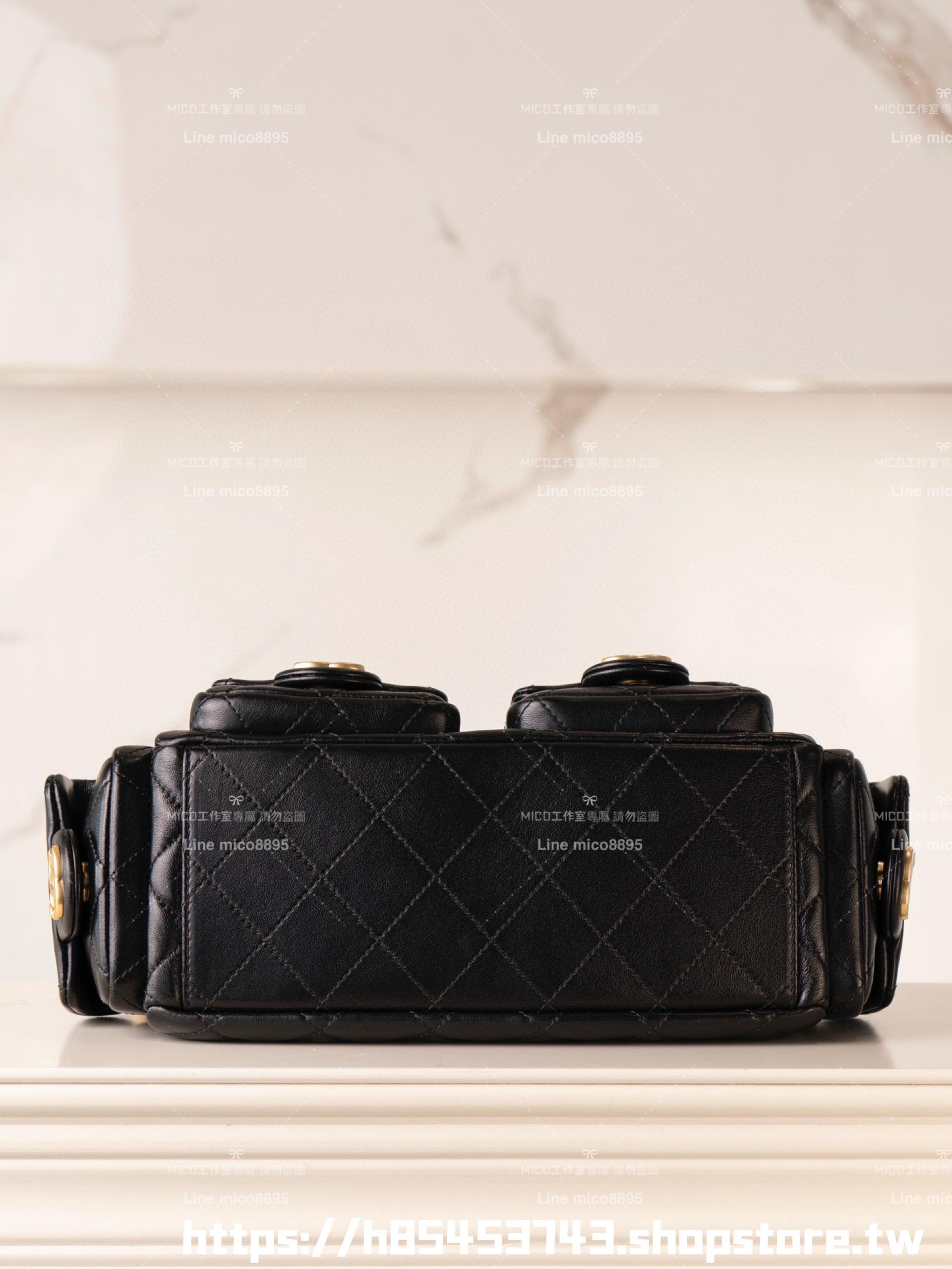 CHANEL 25c早春款 小羊皮材質 小號/底長31cm 黑色復古雙口袋嬉皮包/肩背包