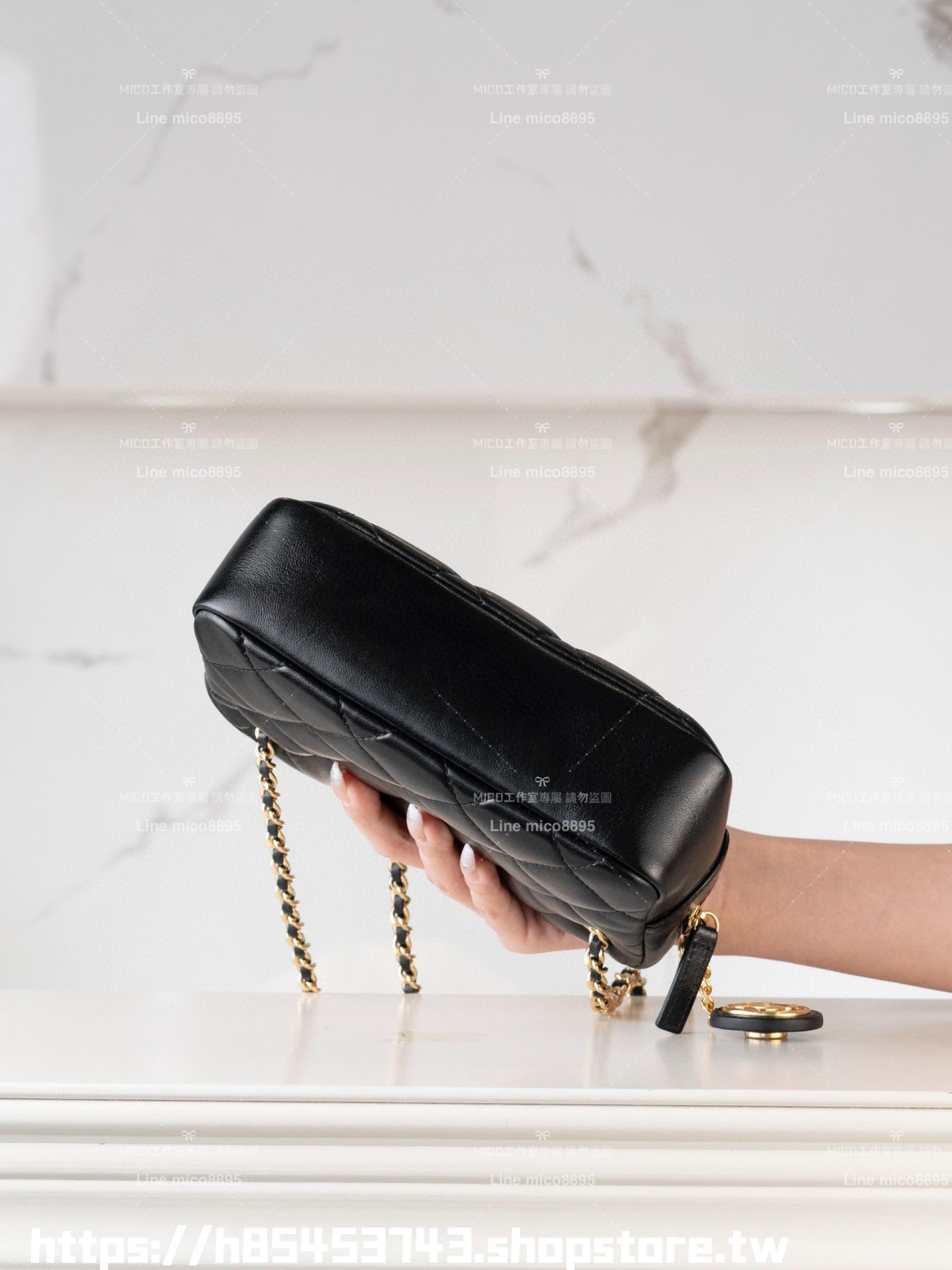 CHANEL 24k秋冬款 小號/18cm 金幣復古相機包/鏈條肩背包  黑色菱格小羊皮