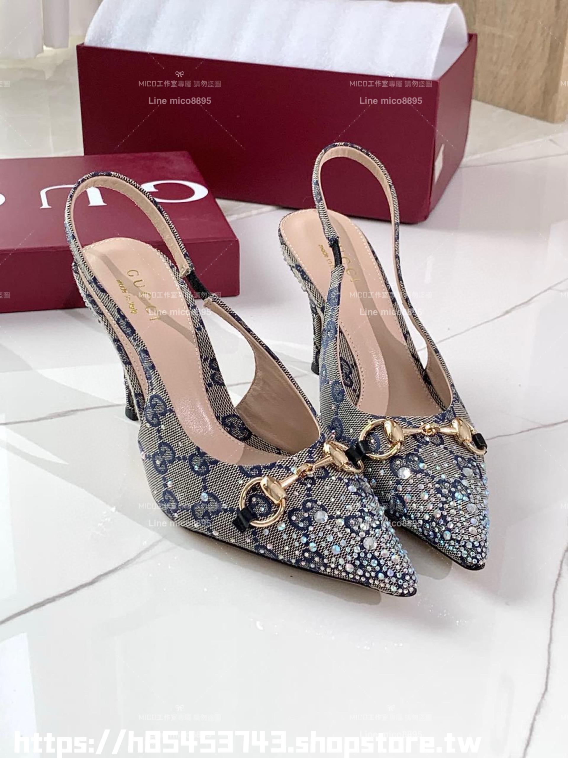 GUCCI 女士馬銜扣淺口鞋 帆布鑽面繫帶高跟鞋 涼鞋 35-39 8.5cm