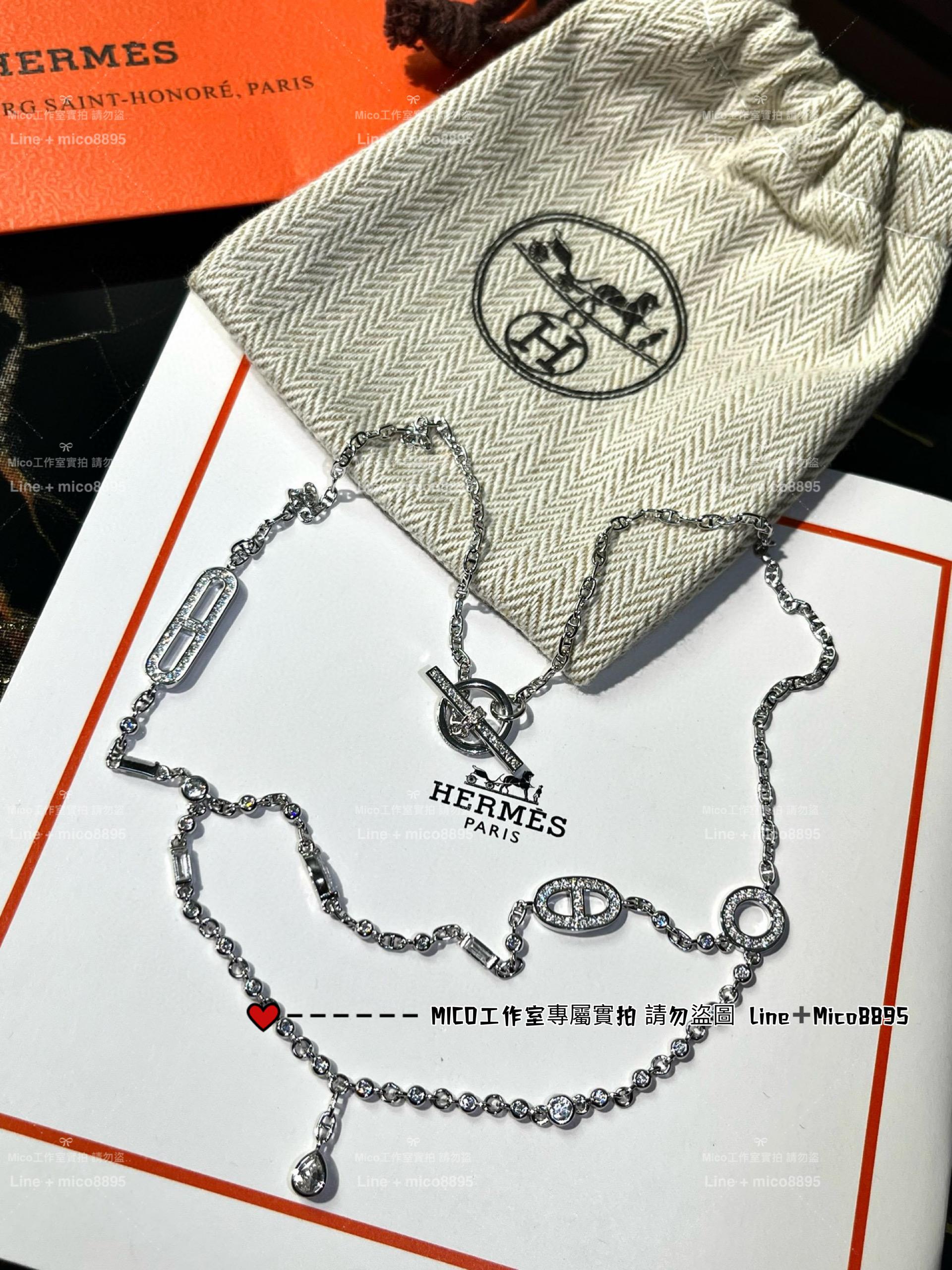 HERMES 重工款 純銀款 豬鼻子雙層方鑽雙層流蘇水鑽項鍊