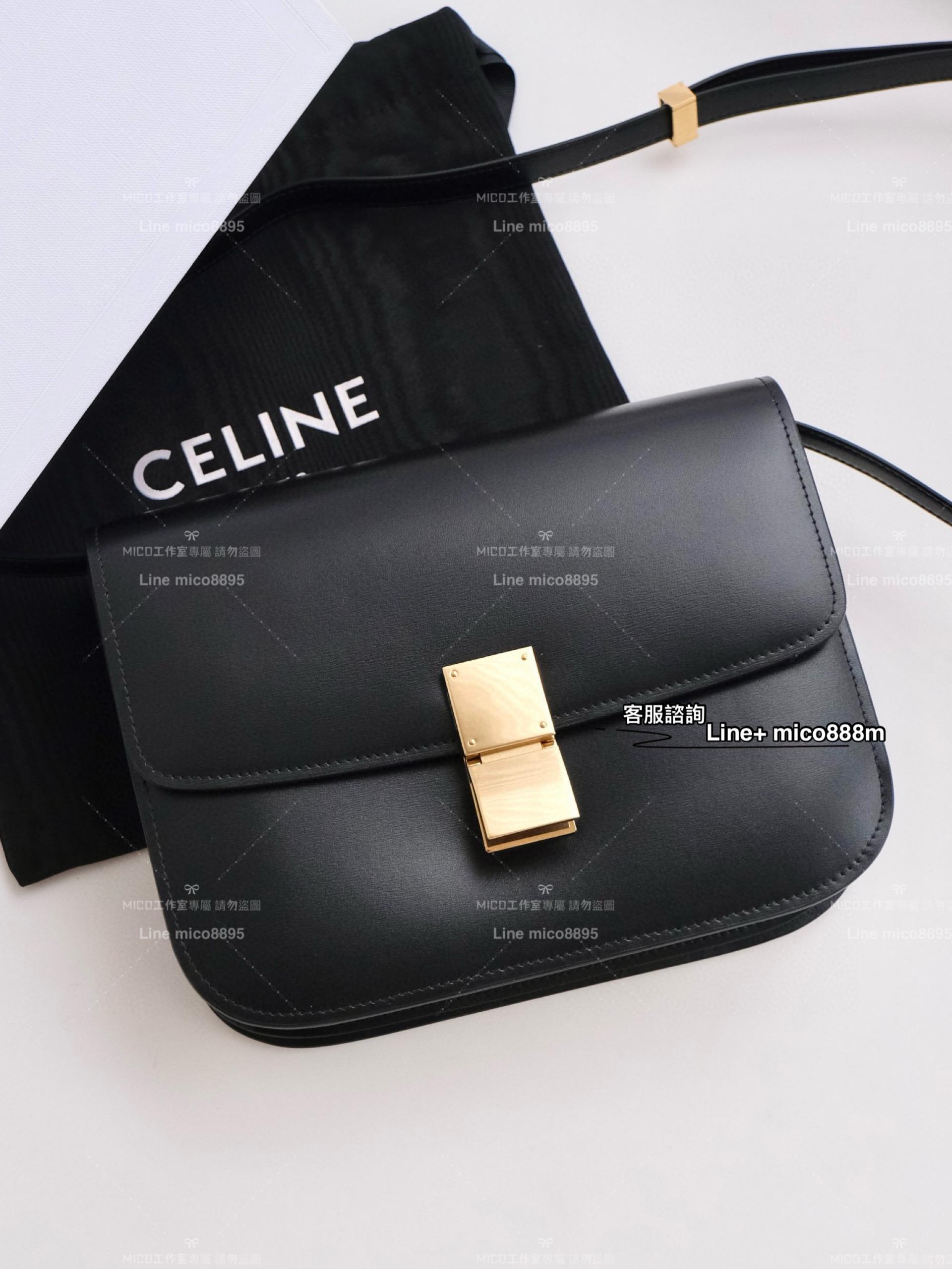 Celine 極簡風格 黑色經典Box斜跨包 全鋼五金/中號/24cm