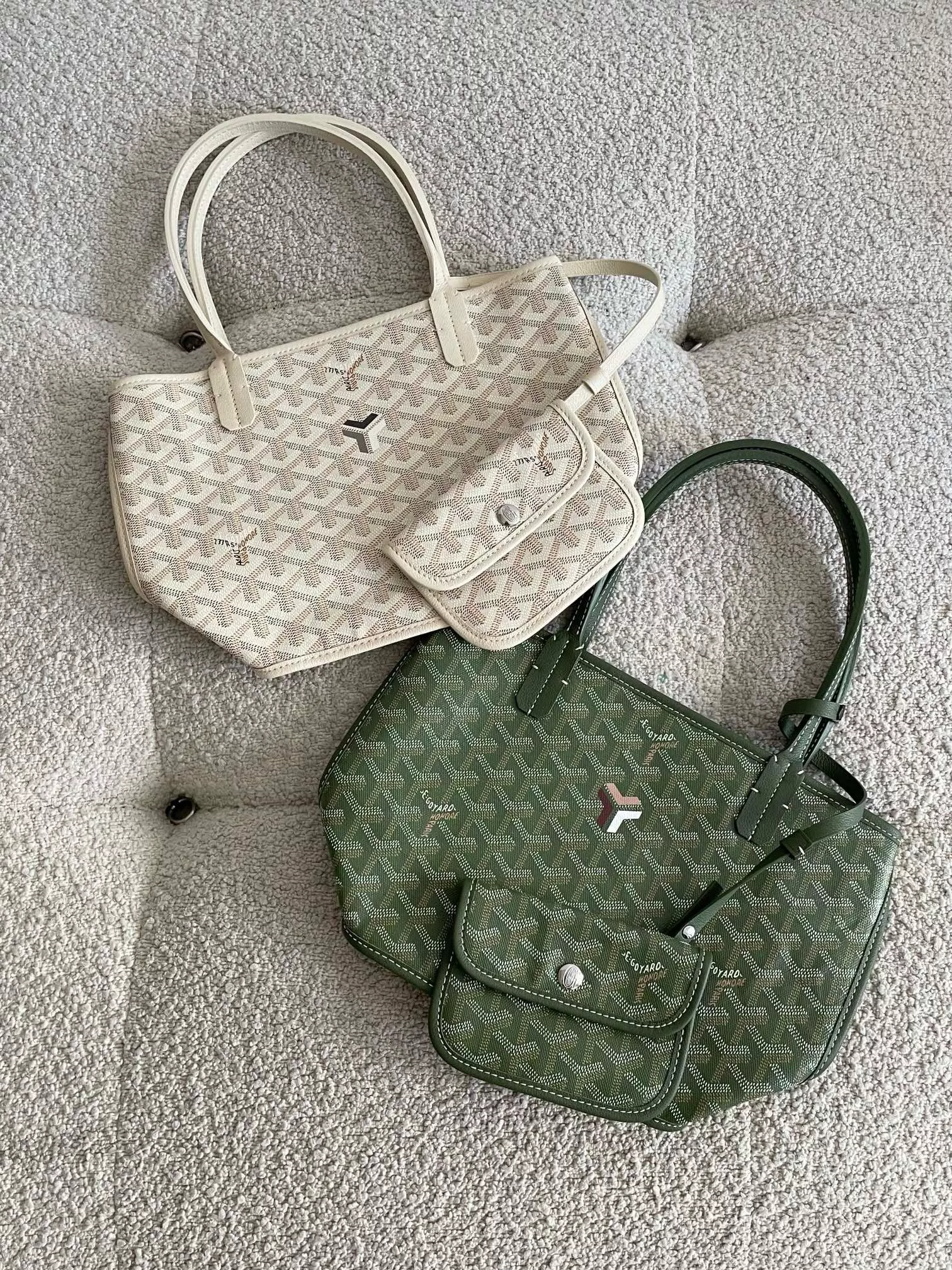 GOYARD 沙色/森林綠 雙面可用 tote Anjou mini bag 帆布及皮革雙面可用迷你手提包 20cm