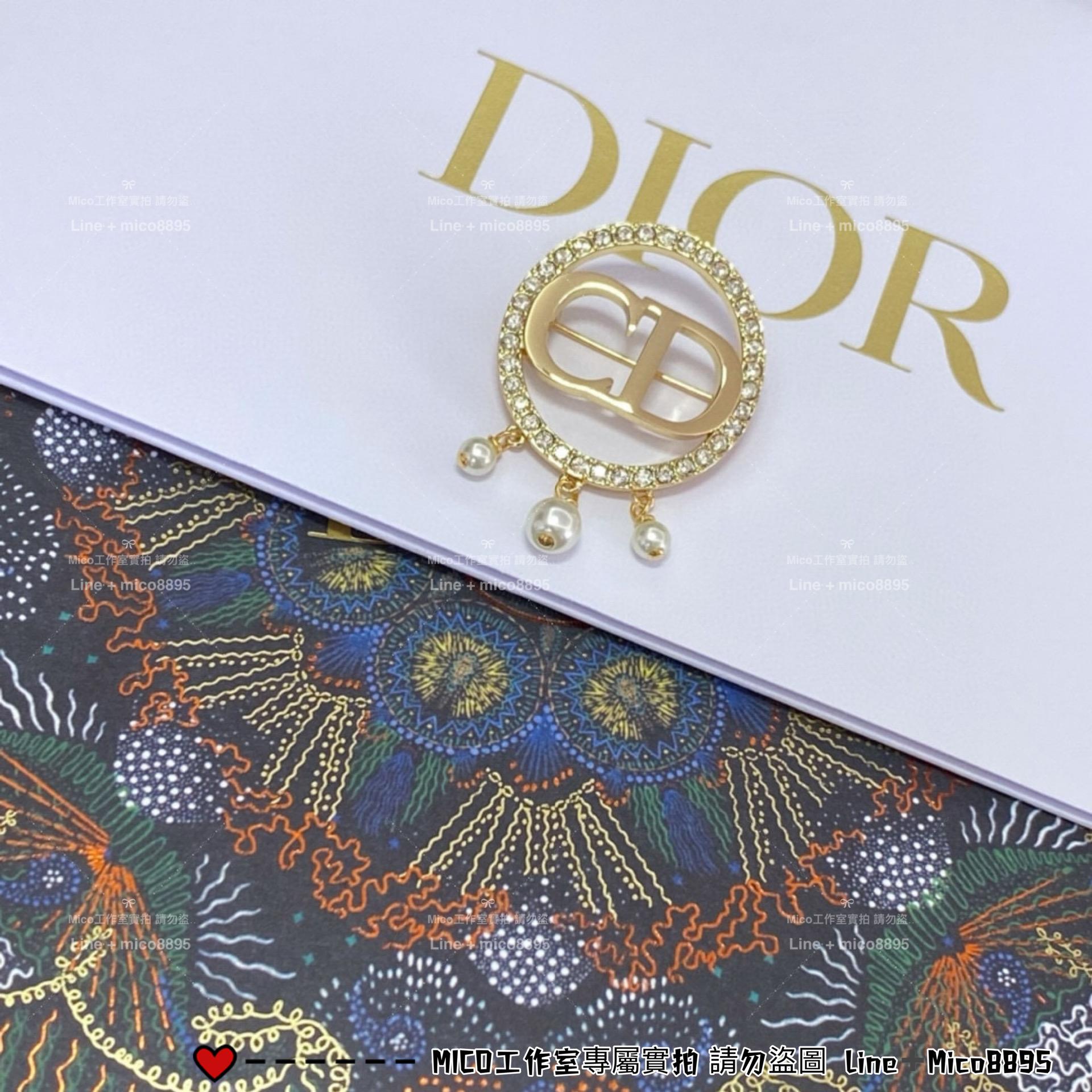 DIOR 圓圈帶鑽珍珠吊墜CD胸針