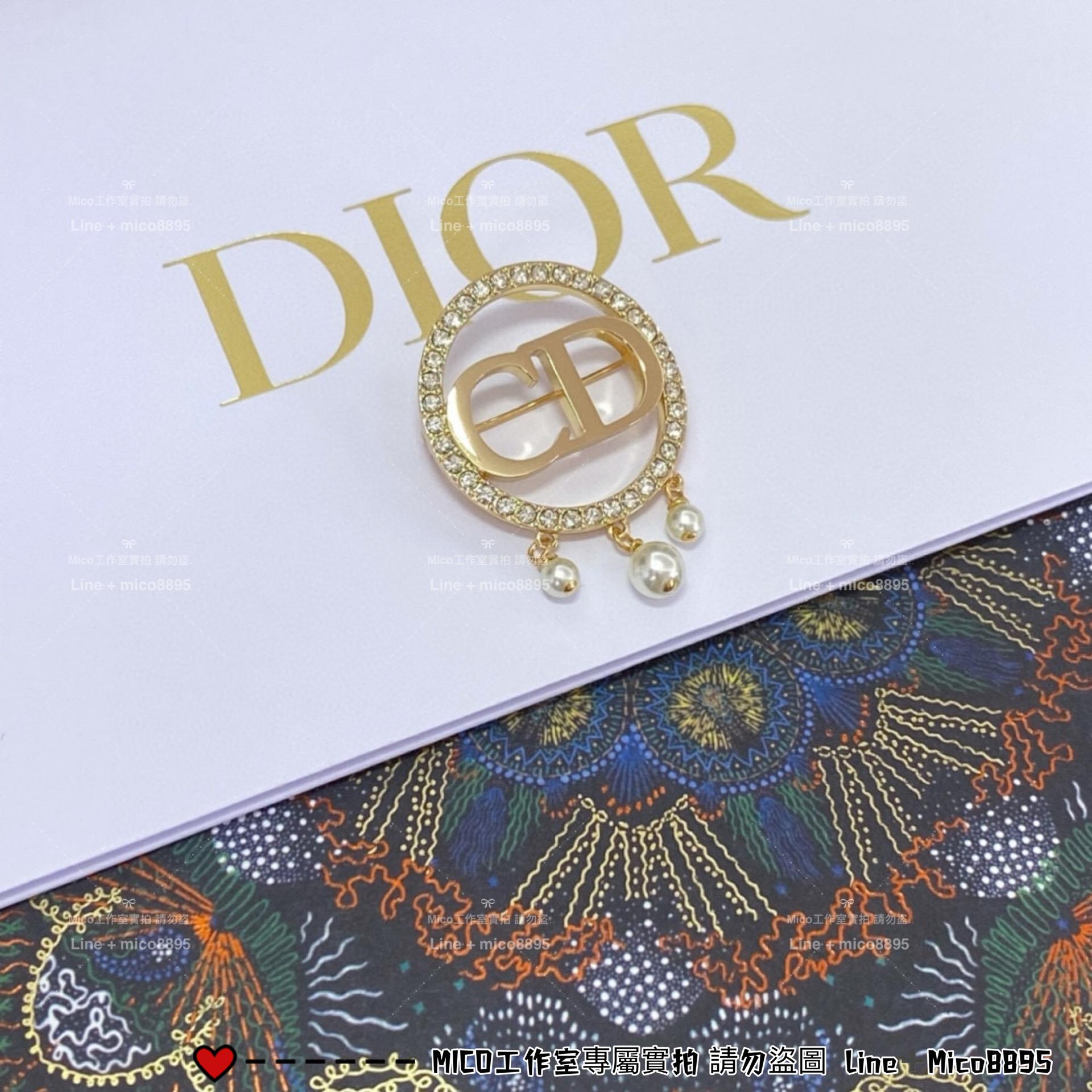 DIOR 圓圈帶鑽珍珠吊墜CD胸針