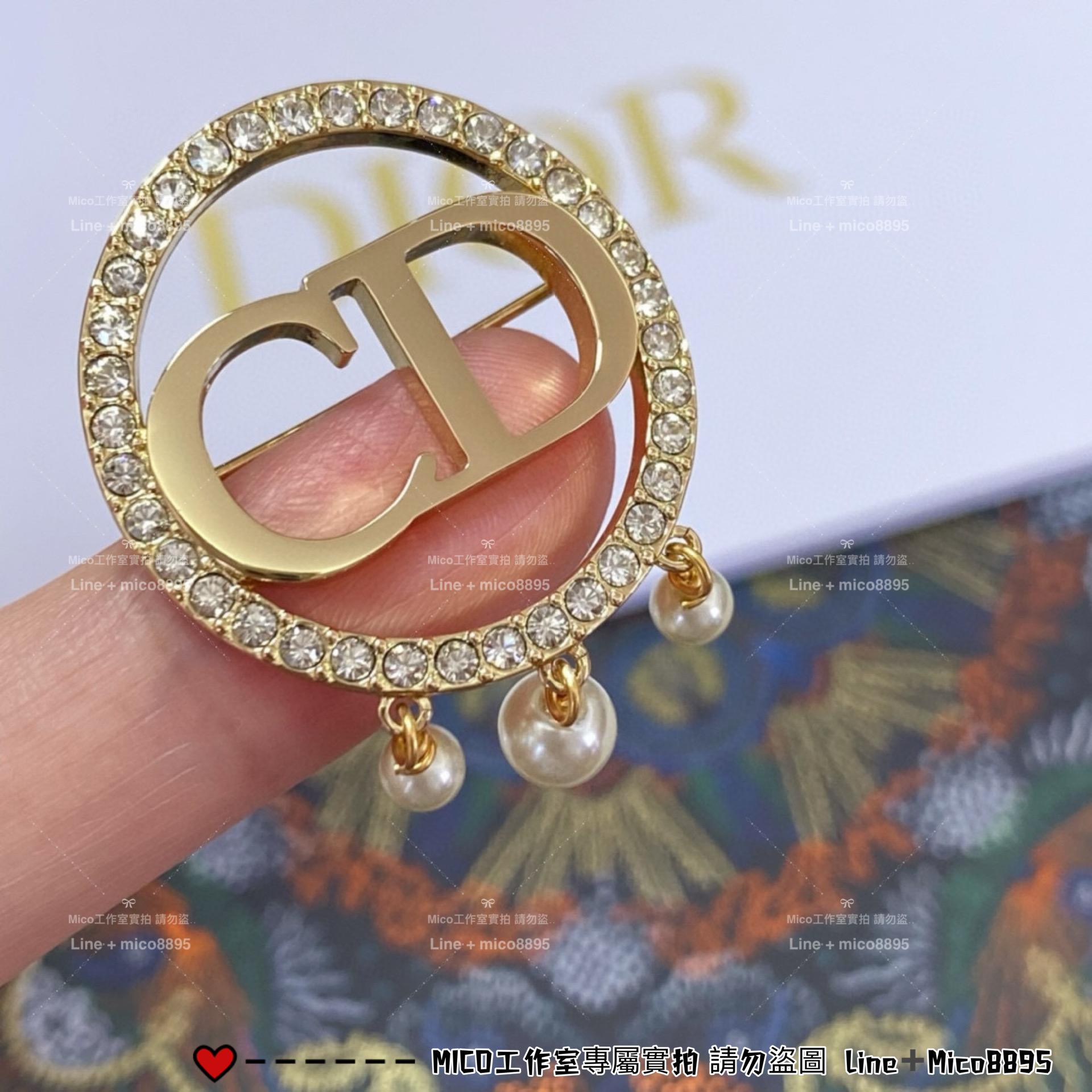 DIOR 圓圈帶鑽珍珠吊墜CD胸針