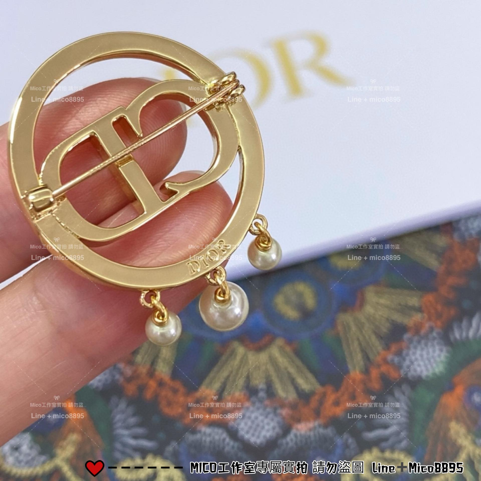 DIOR 圓圈帶鑽珍珠吊墜CD胸針
