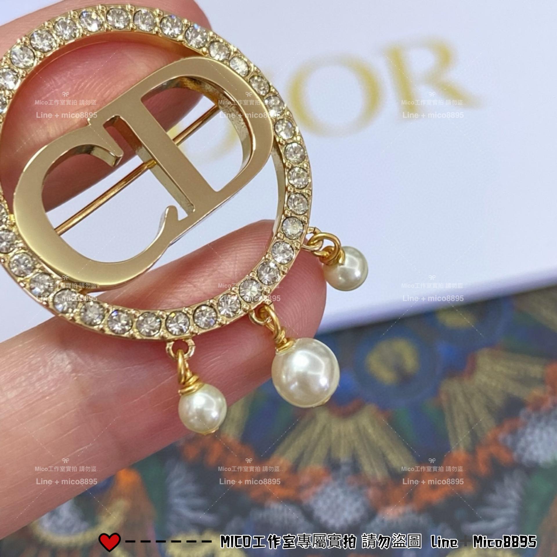DIOR 圓圈帶鑽珍珠吊墜CD胸針