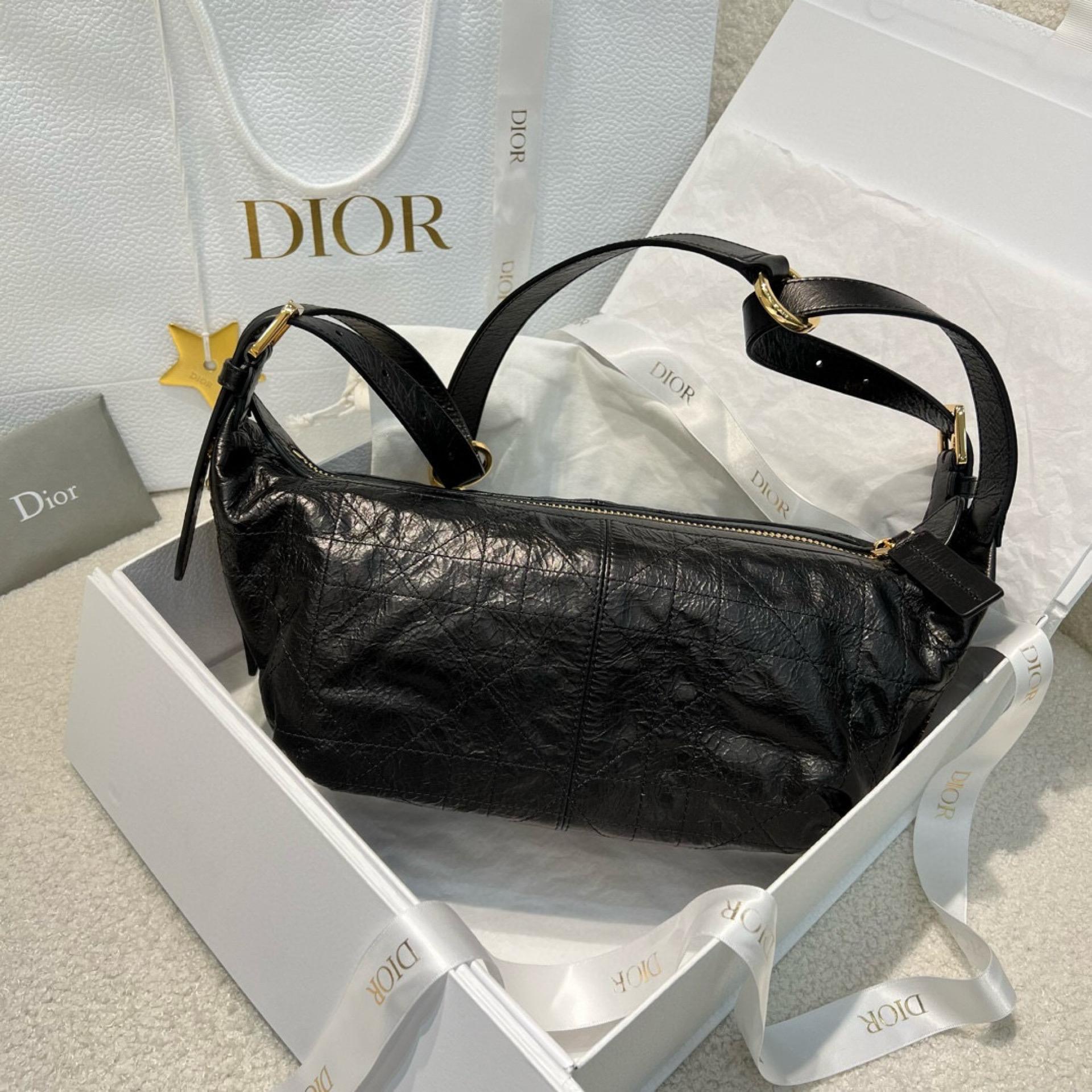 DIOR 全皮款 小號 D-journey 黑色皺摺牛皮 餃子包/腋下包