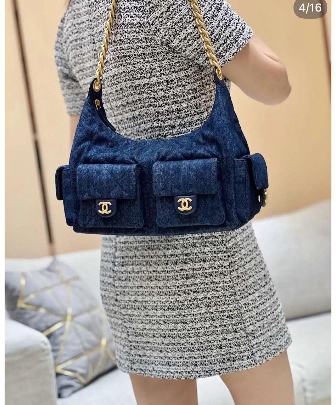 CHANEL 25c 早春款 大號35cm 深藍牛仔丹寧雙口袋嬉皮包/肩背包