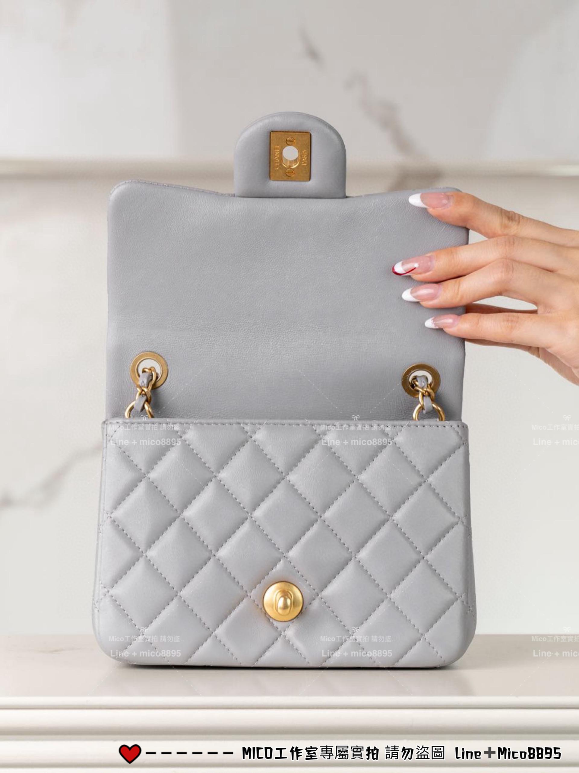 CHANEL 23c 季節限量色 藍灰色 小羊皮 金球系列CF口蓋包 方胖子 18cm