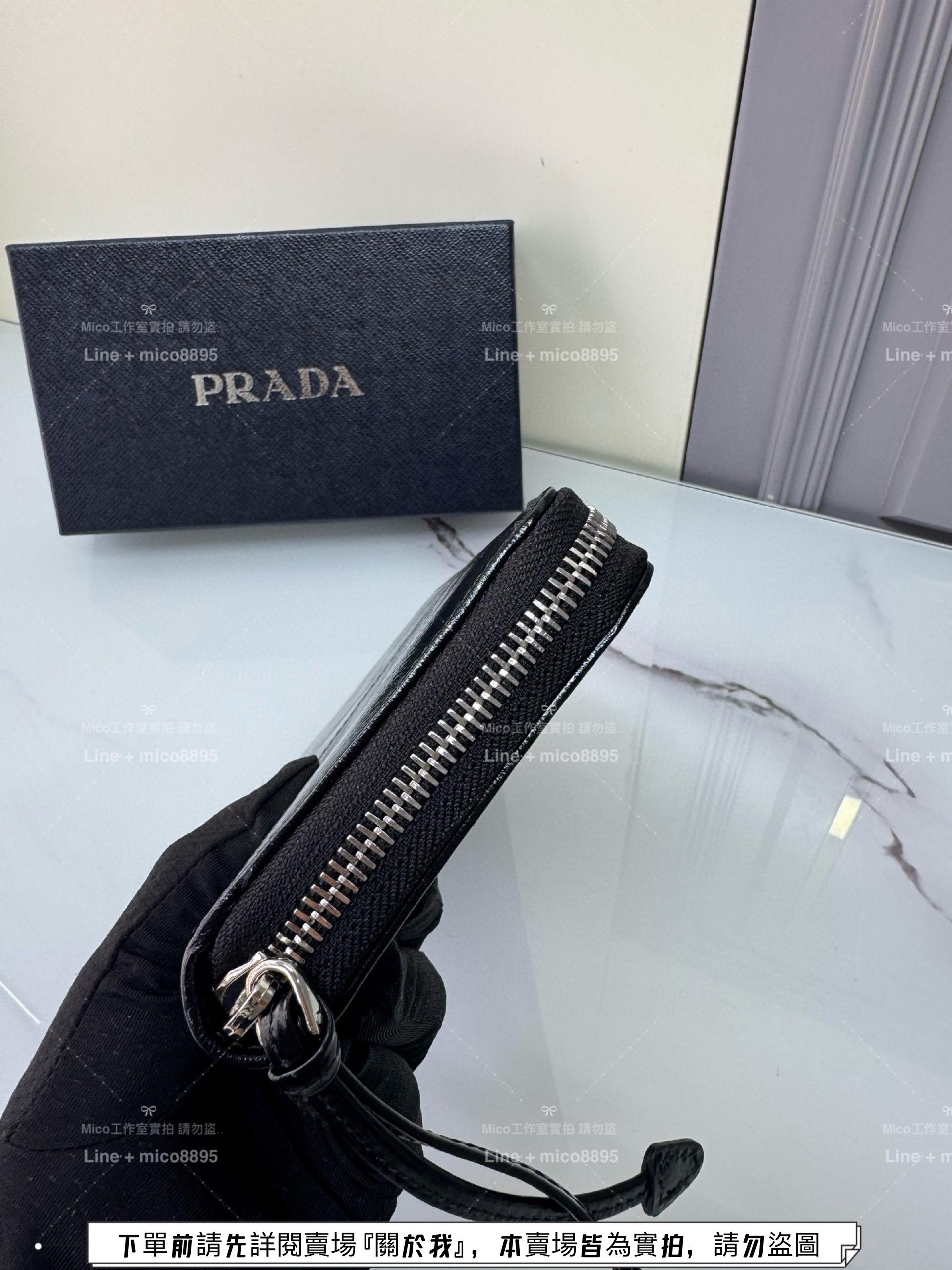 PRADA 銀色金屬三角標 油蠟牛皮拉鍊長夾 男女錢包 20cm