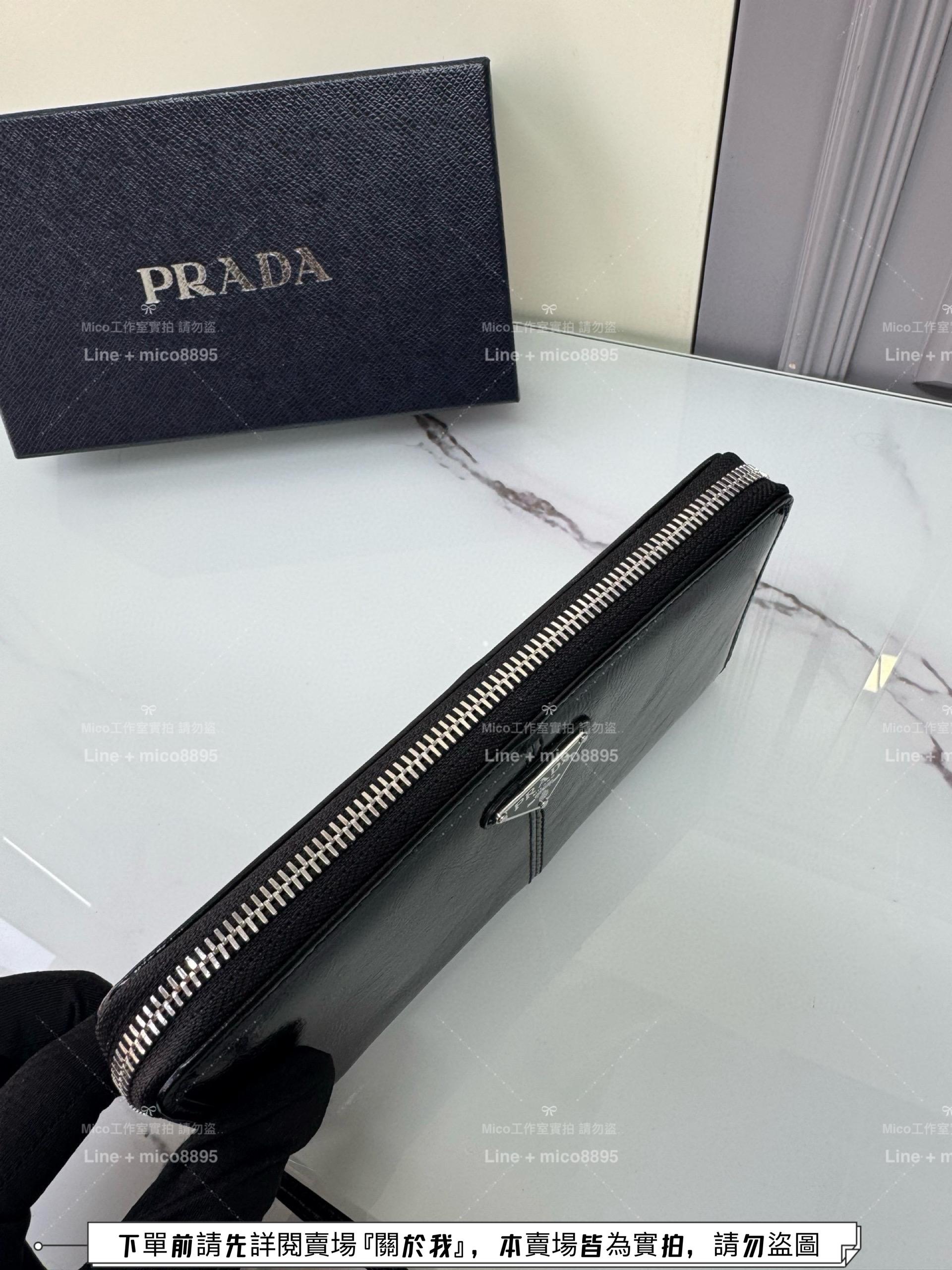 PRADA 銀色金屬三角標 油蠟牛皮拉鍊長夾 男女錢包 20cm