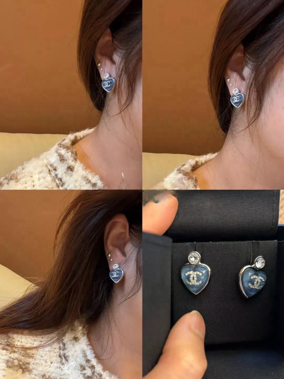 CHANEL | 25p 水鑽款 藍色愛心雙C耳環/耳釘