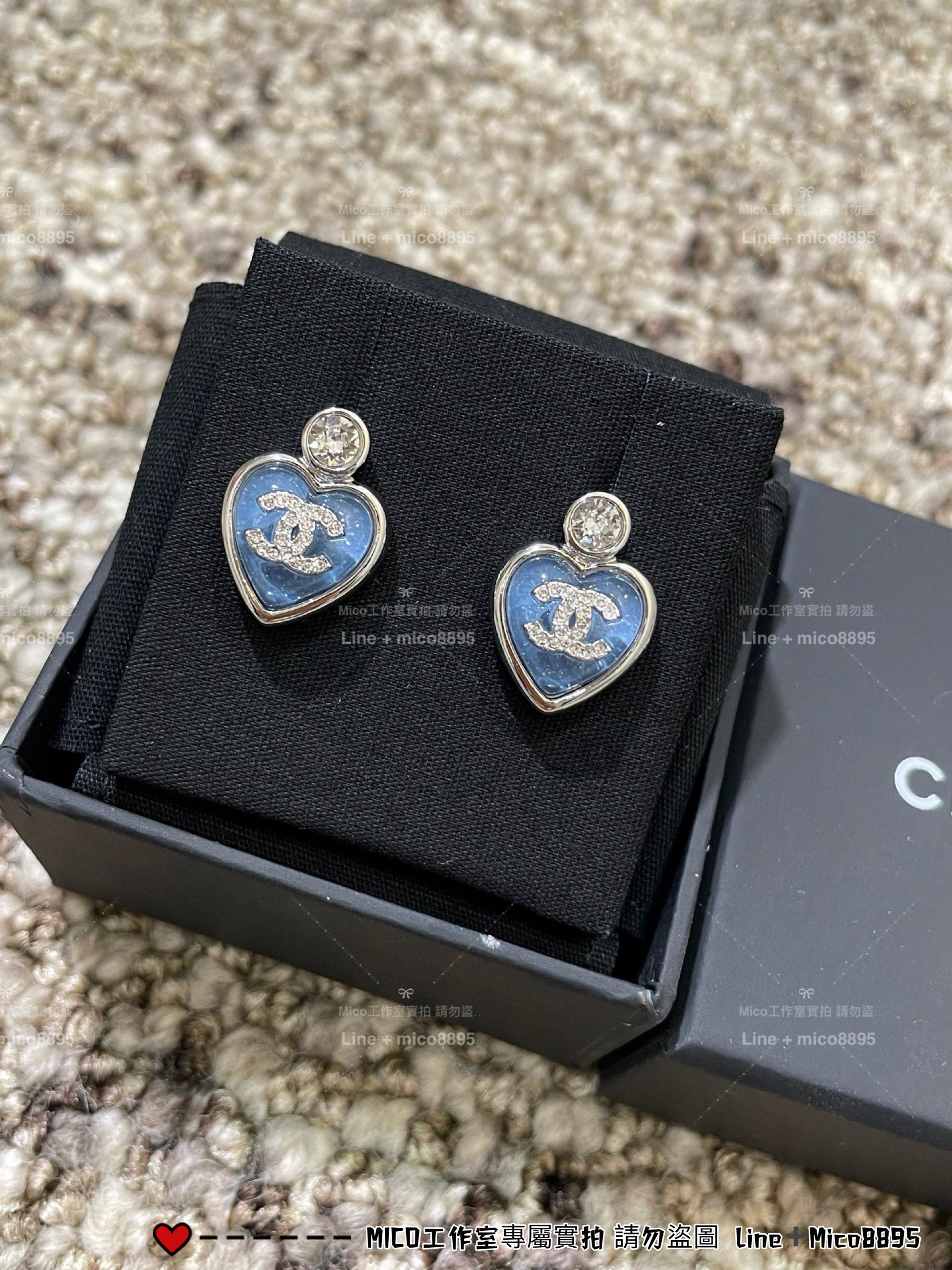 CHANEL | 25p 水鑽款 藍色愛心雙C耳環/耳釘