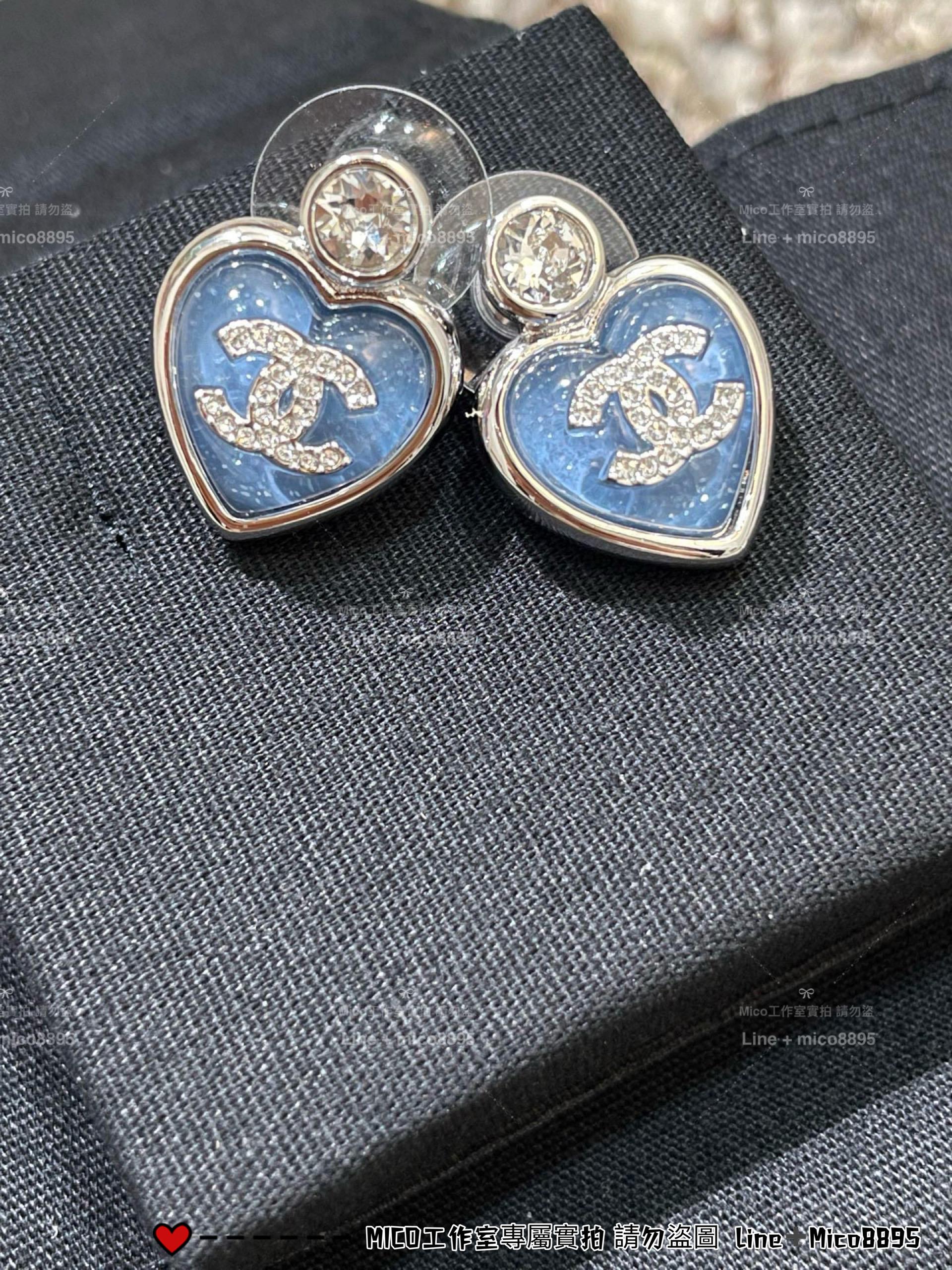 CHANEL | 25p 水鑽款 藍色愛心雙C耳環/耳釘