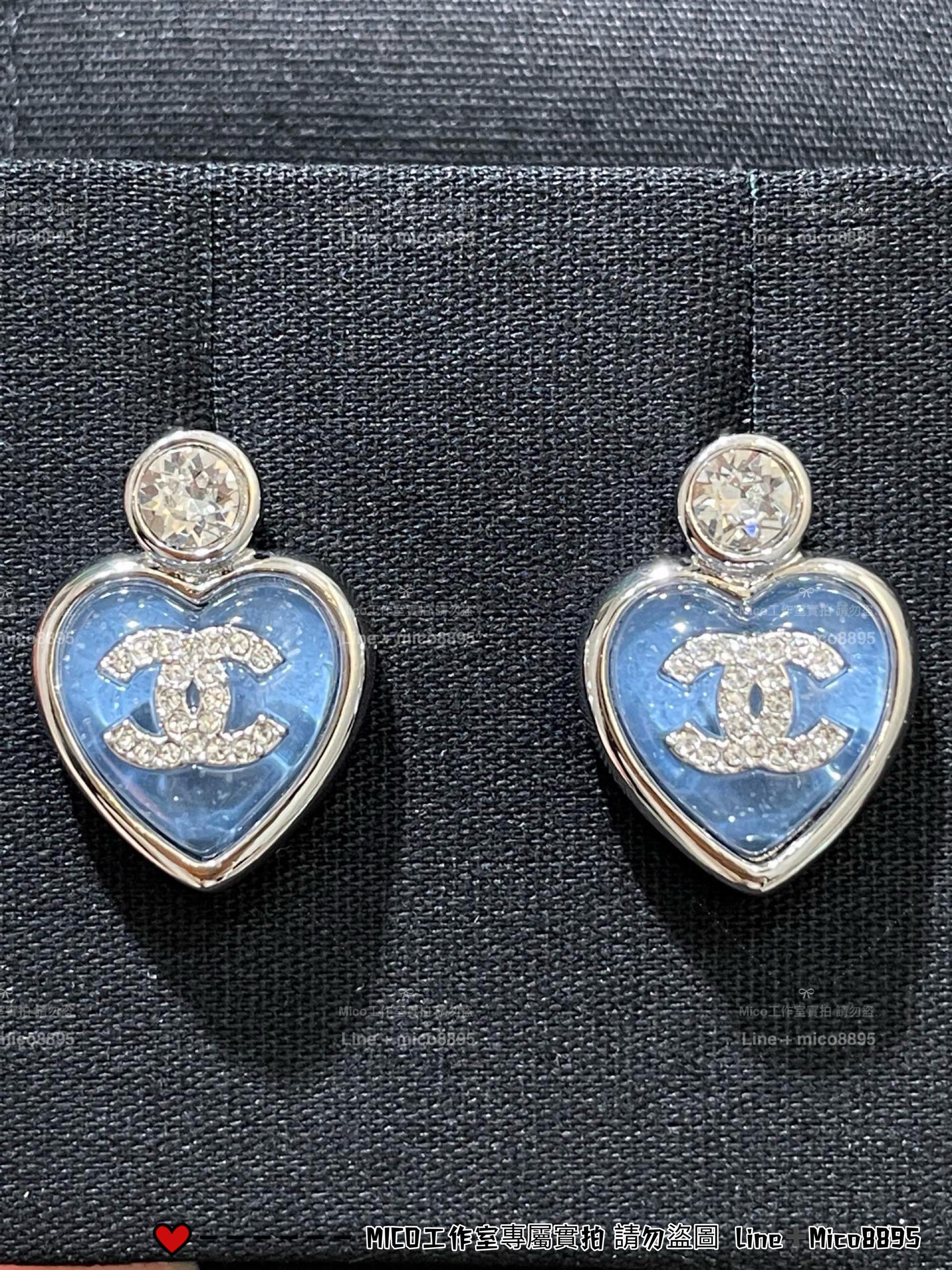 CHANEL | 25p 水鑽款 藍色愛心雙C耳環/耳釘